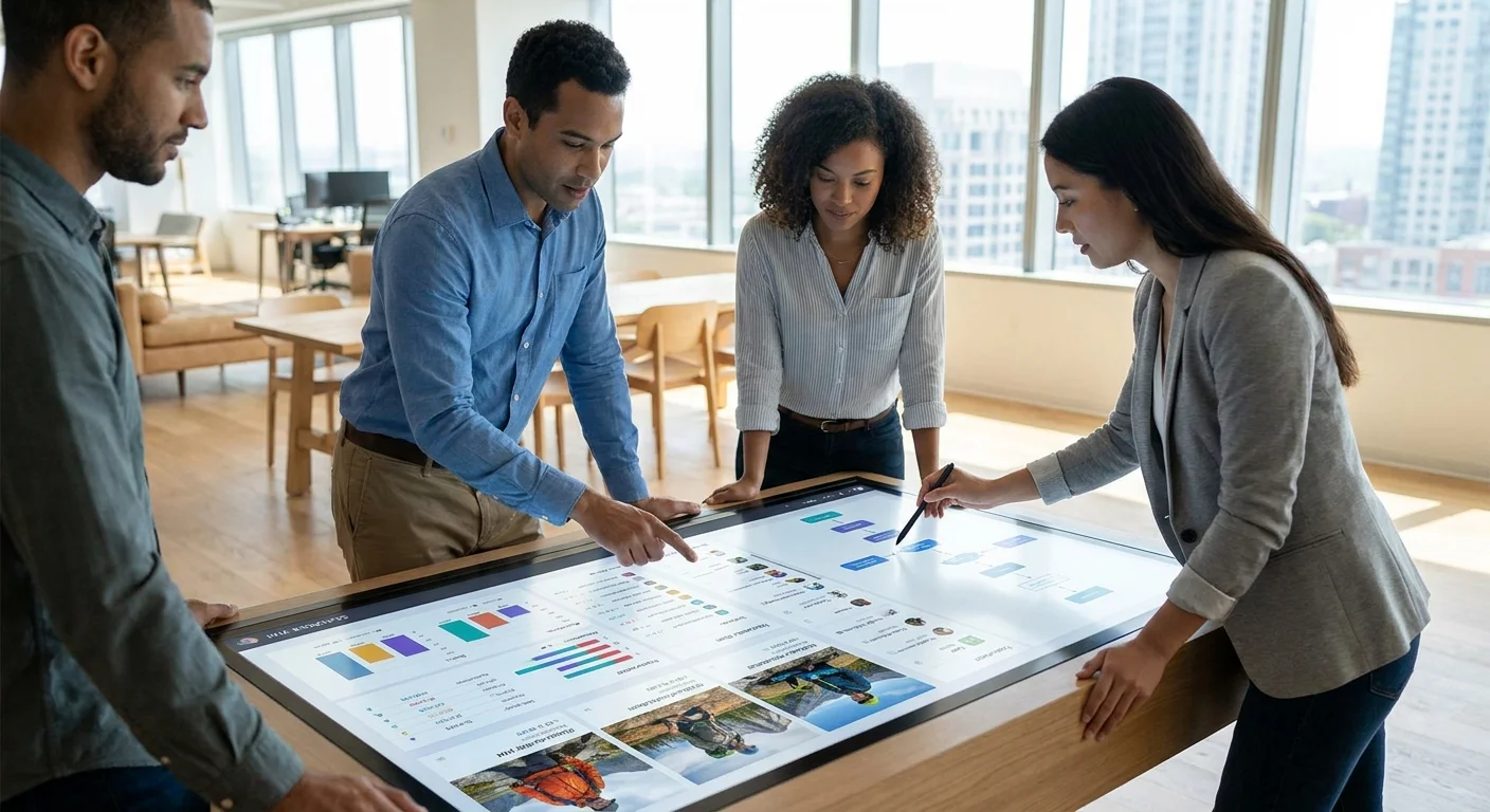 A cross-functional team effortlessly collaborating around a large interactive digital table that merges product data and high-resolution images.