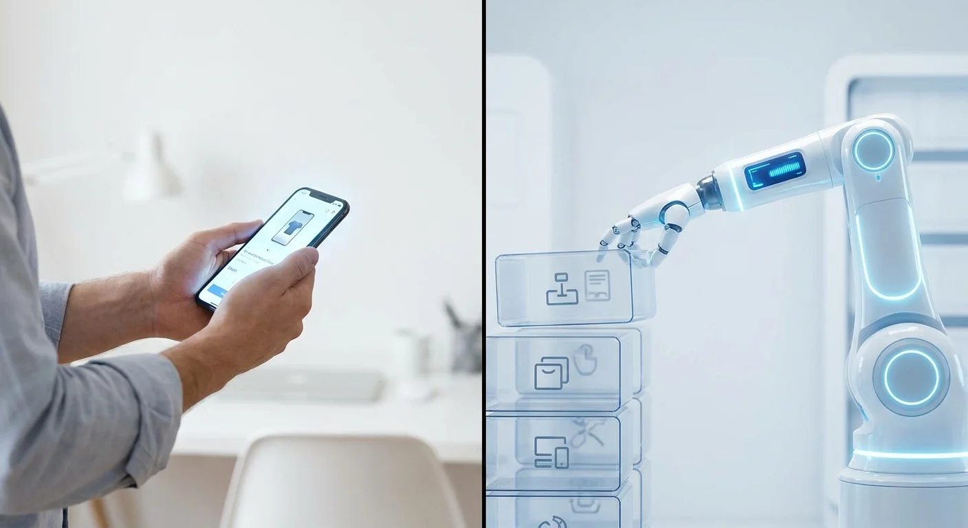 A split-screen illustration showing a shopper on a smartphone on one side and a glowing AI robotic assistant organizing digital product boxes on the other.