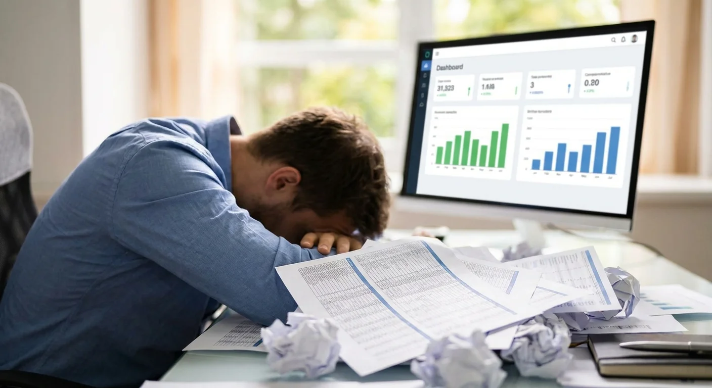 A frustrated office worker buried under a massive pile of messy spreadsheets, with a clear, glowing digital dashboard shining in the background.