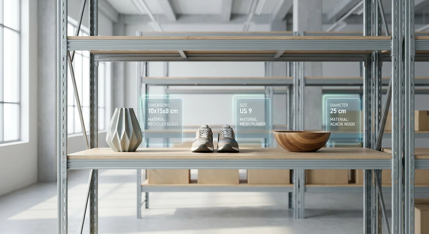 A sleek, modern warehouse where glowing digital tags listing dimensions and materials perfectly align with physical products on the shelves.