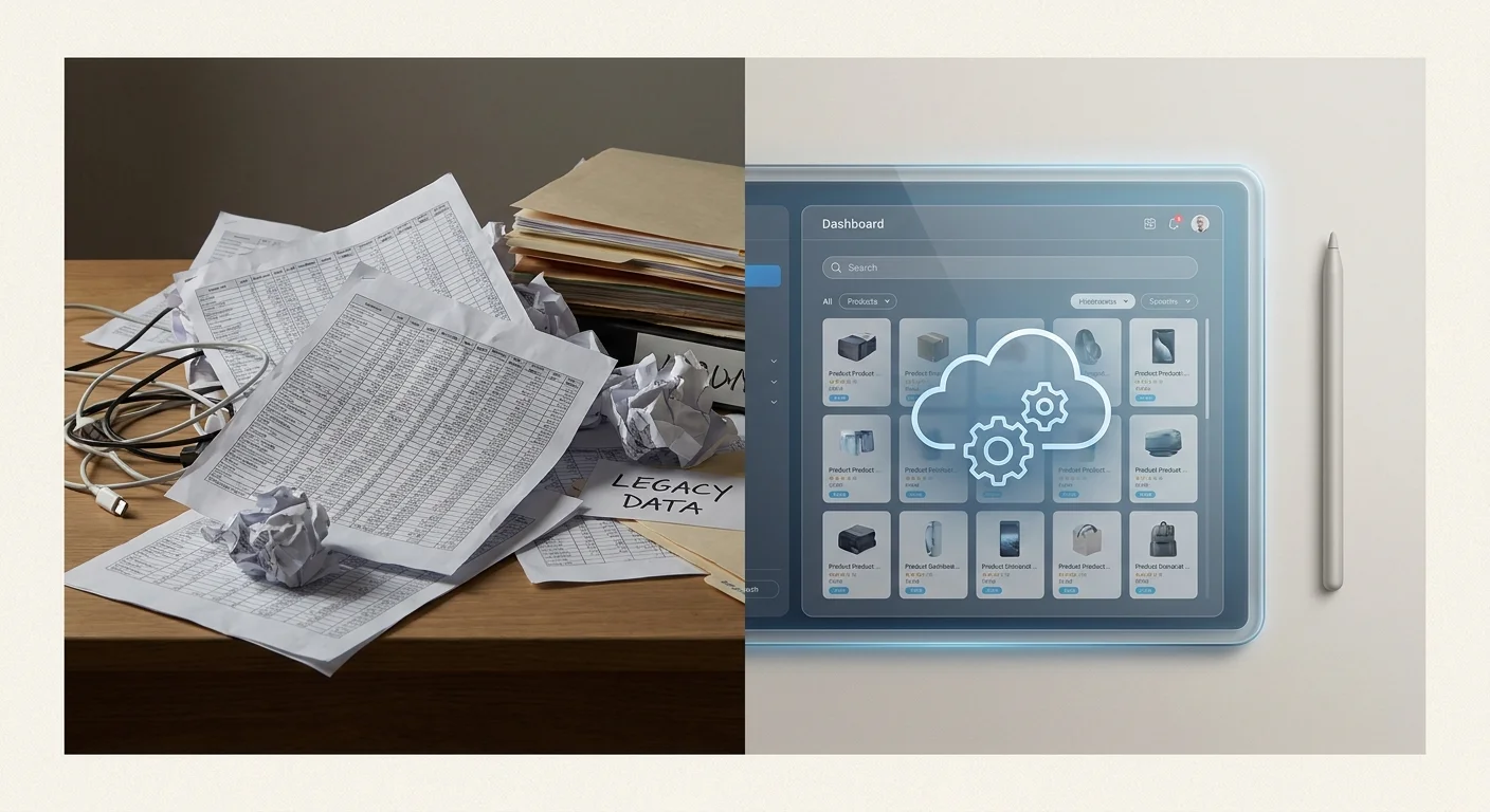 A split-screen visualization showing a messy, tangled web of paper spreadsheets on one side and a clean, futuristic centralized digital dashboard on the other.