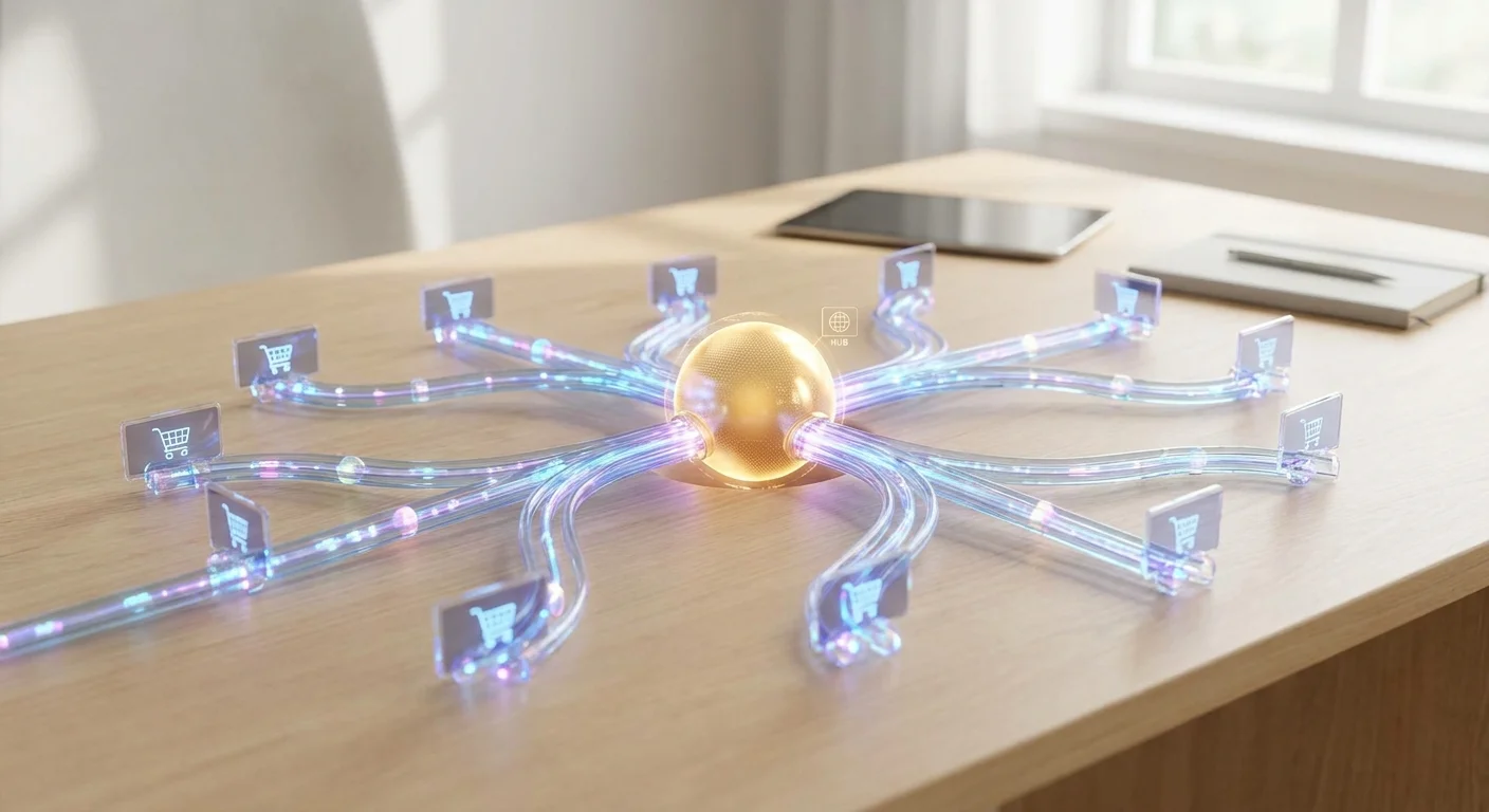 A high-tech glowing network diagram showing a central product hub distributing identical, synchronized data streams instantly to multiple digital storefronts.