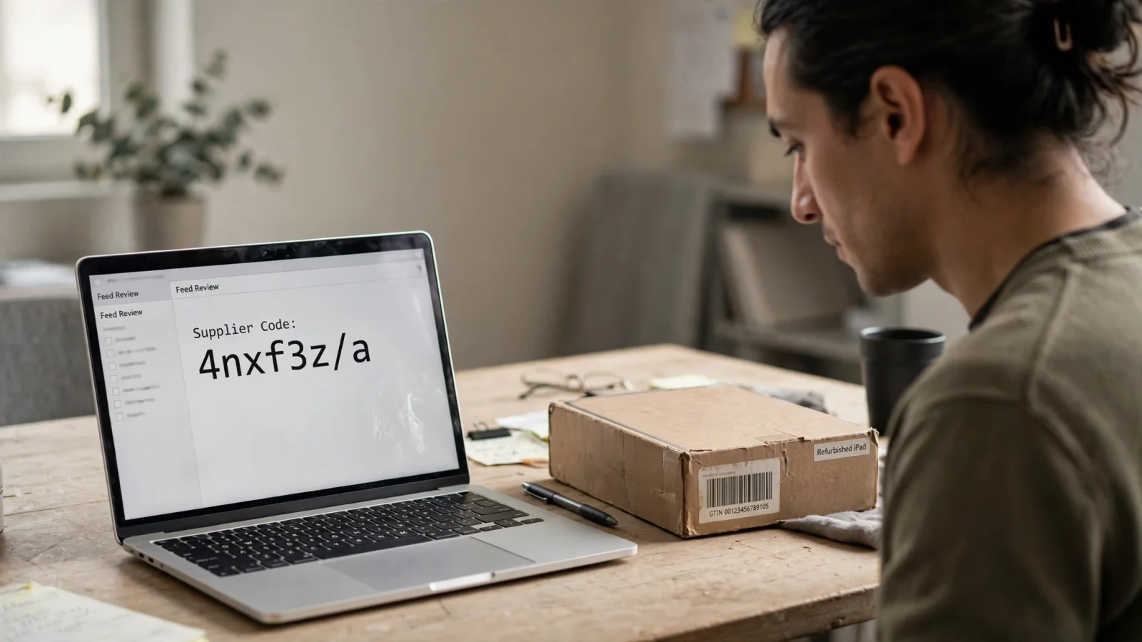 A product information team attaching a package-barcode photo and supplier document to a PIM record while approved product data flows toward several sales channels.