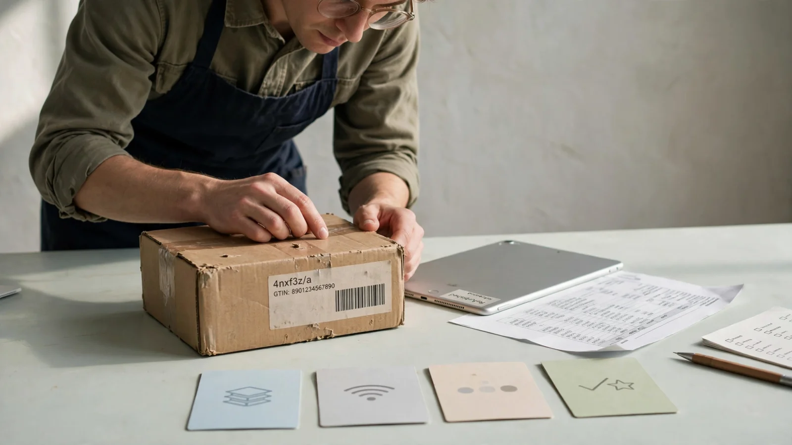 A wide editorial scene of an e-commerce manager comparing an alphanumeric supplier code on a laptop with a numeric barcode on a refurbished iPad box, making the identifier mismatch immediately visible.