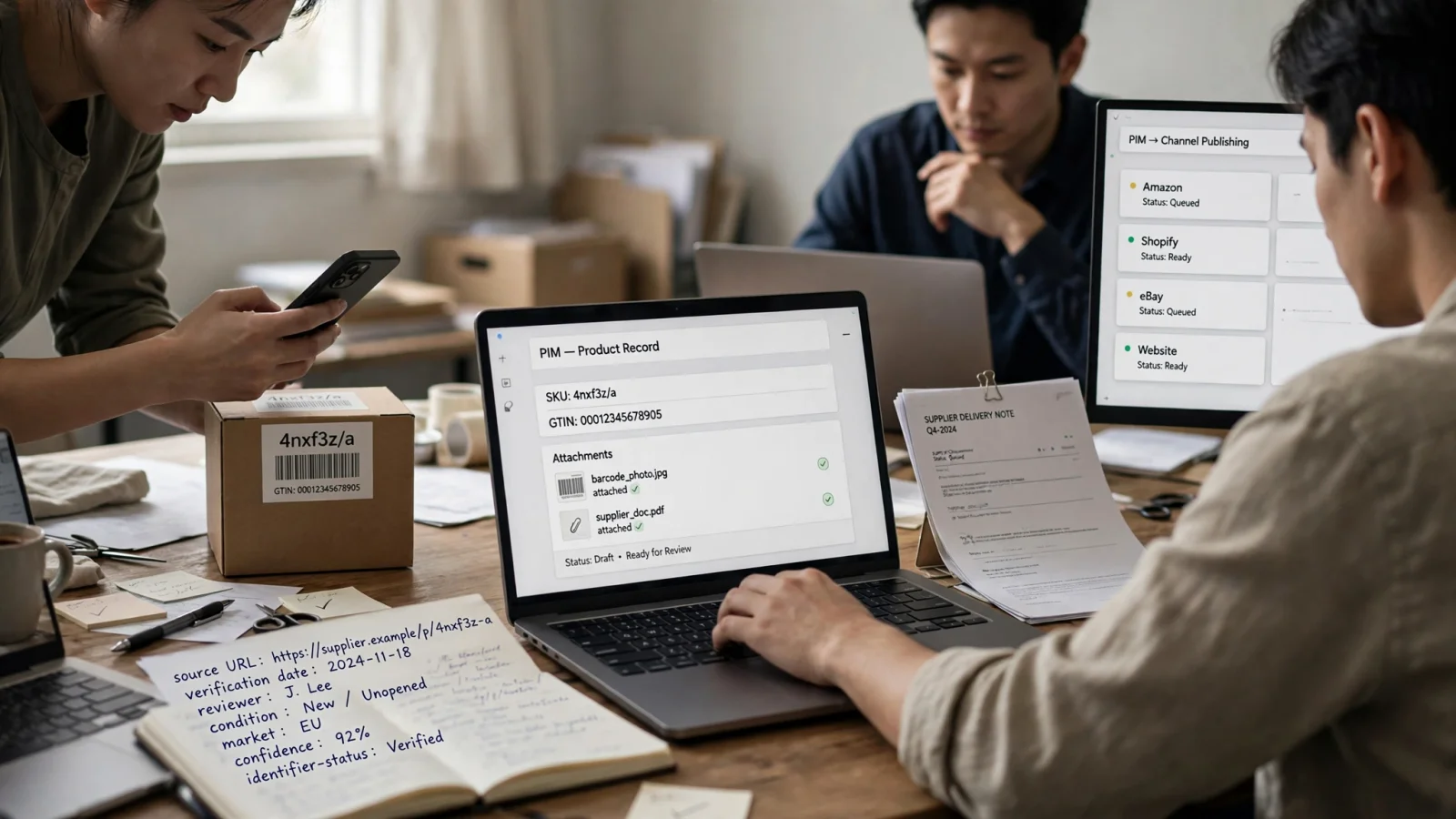 A product-data specialist checking an original package barcode alongside storage, connectivity, color, and condition details before approving an exact product record.