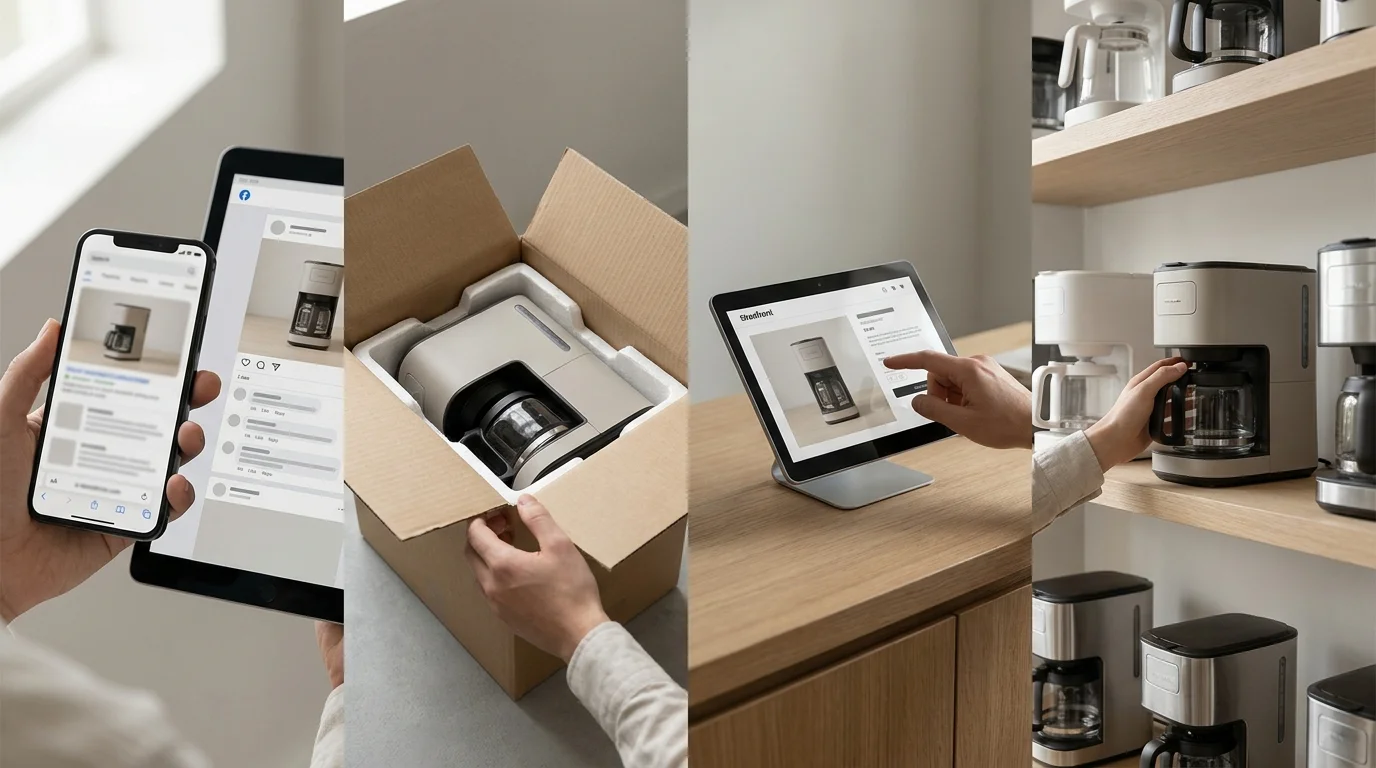 Opening: A split-scene showing one product being discovered through a search result, social feed, marketplace, branded store, and physical showroom, helping readers see why channel presence can widen reach and convenience; use no legible text.