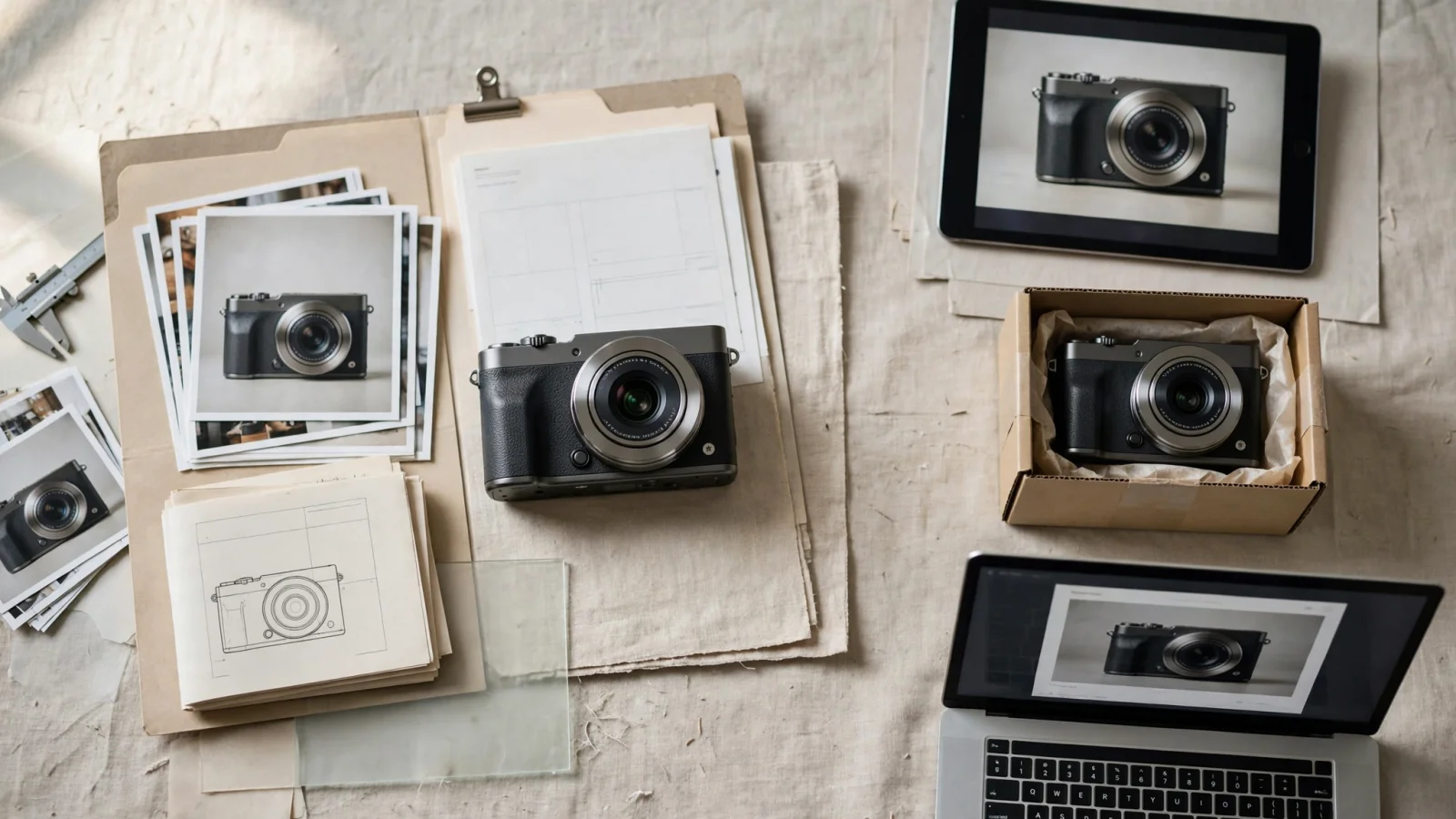 A clean editorial flow showing a manufacturer’s single product record and linked photos, specifications, and manuals branching into a storefront, marketplace listing, and dealer portal, making centralized PIM and DAM visually understandable; use no legible text.