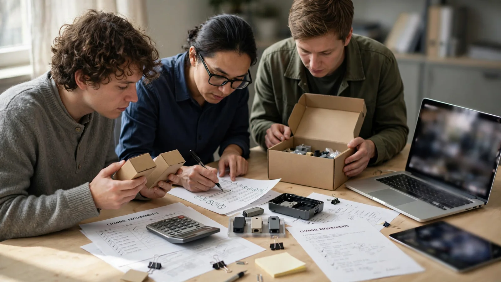 An ecommerce team reviewing channel requirements, product variants, and margin implications around a shared workstation, with different colleagues approving content and checking operations to make multichannel trade-offs tangible; use no legible text.