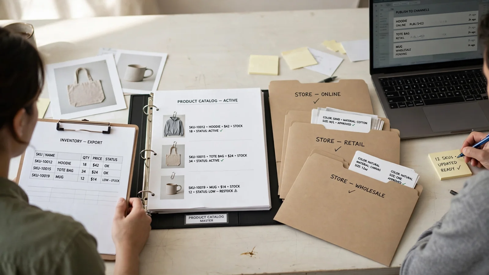 An ecommerce team replaces a chaotic workspace of spreadsheets, product photos, and channel tabs with one organized product catalog connected to several storefronts, shown without interface text.