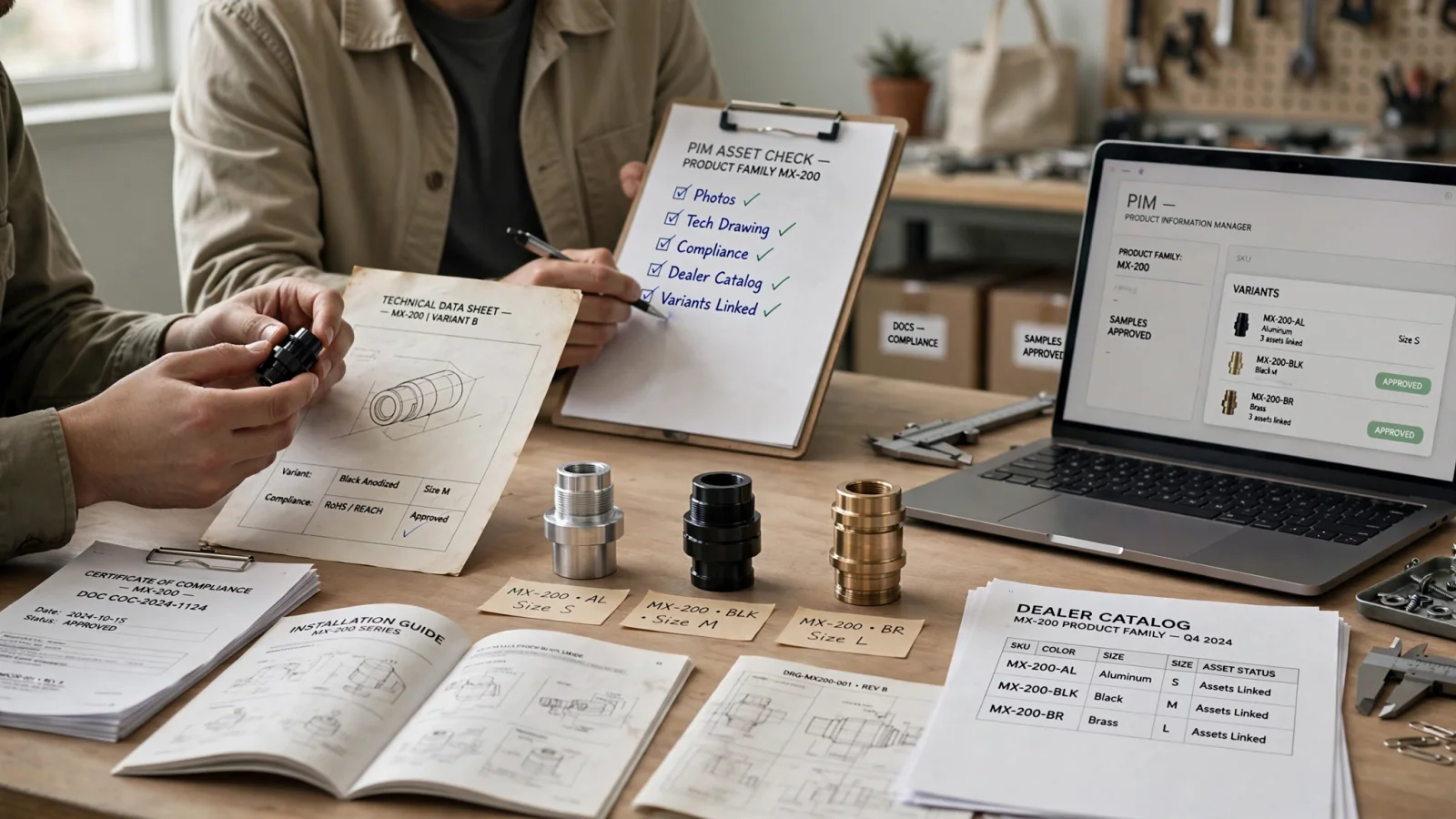 A B2B manufacturer reviews a product family alongside linked manuals, technical drawings, compliance documents, and a controlled dealer catalog, emphasizing the connection between product data and digital assets.
