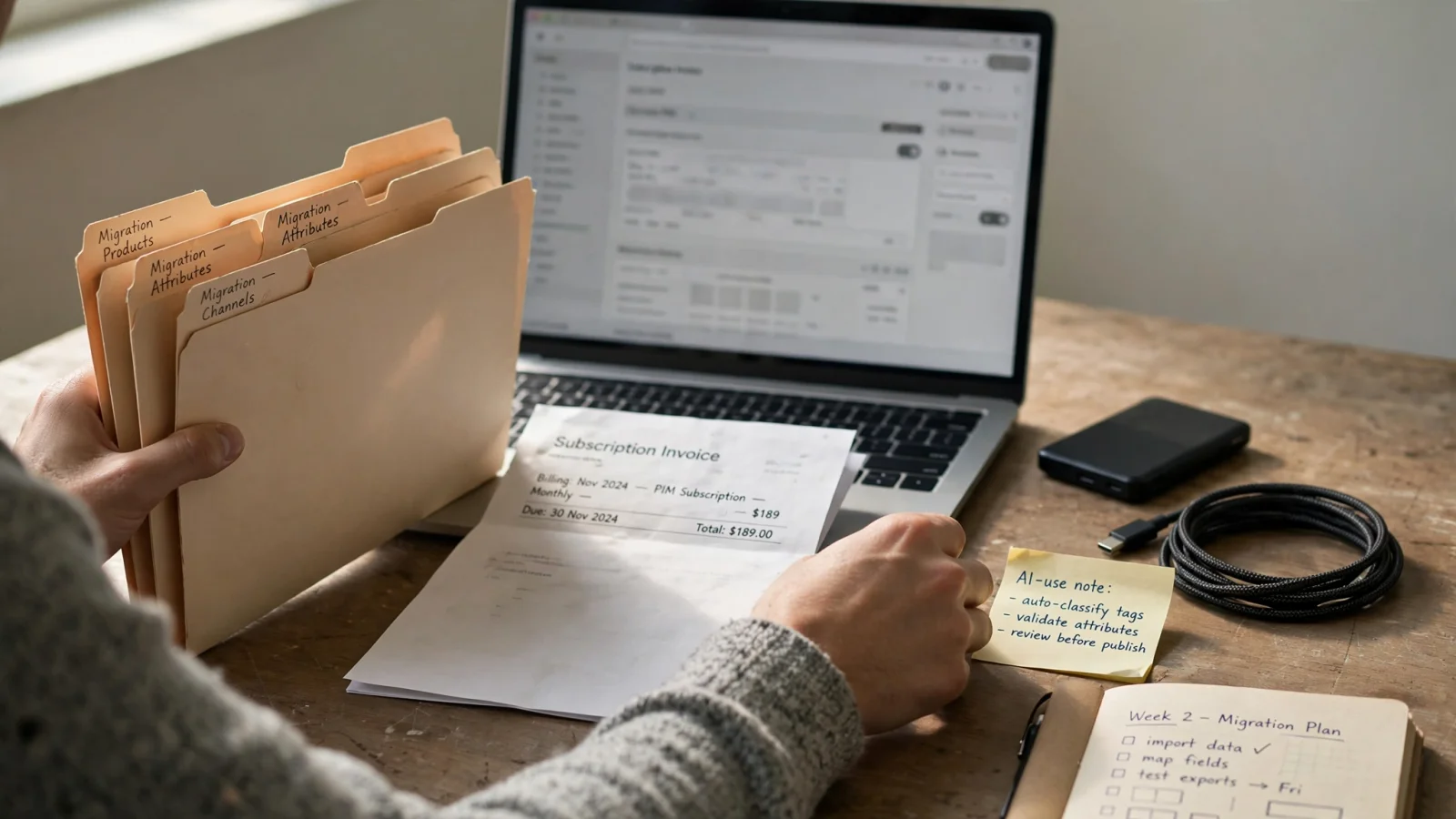 A practical cost-planning scene shows a catalog manager weighing subscription, migration, storage, integrations, AI usage, and internal labor as separate components around a central PIM workspace, with no decorative labels.