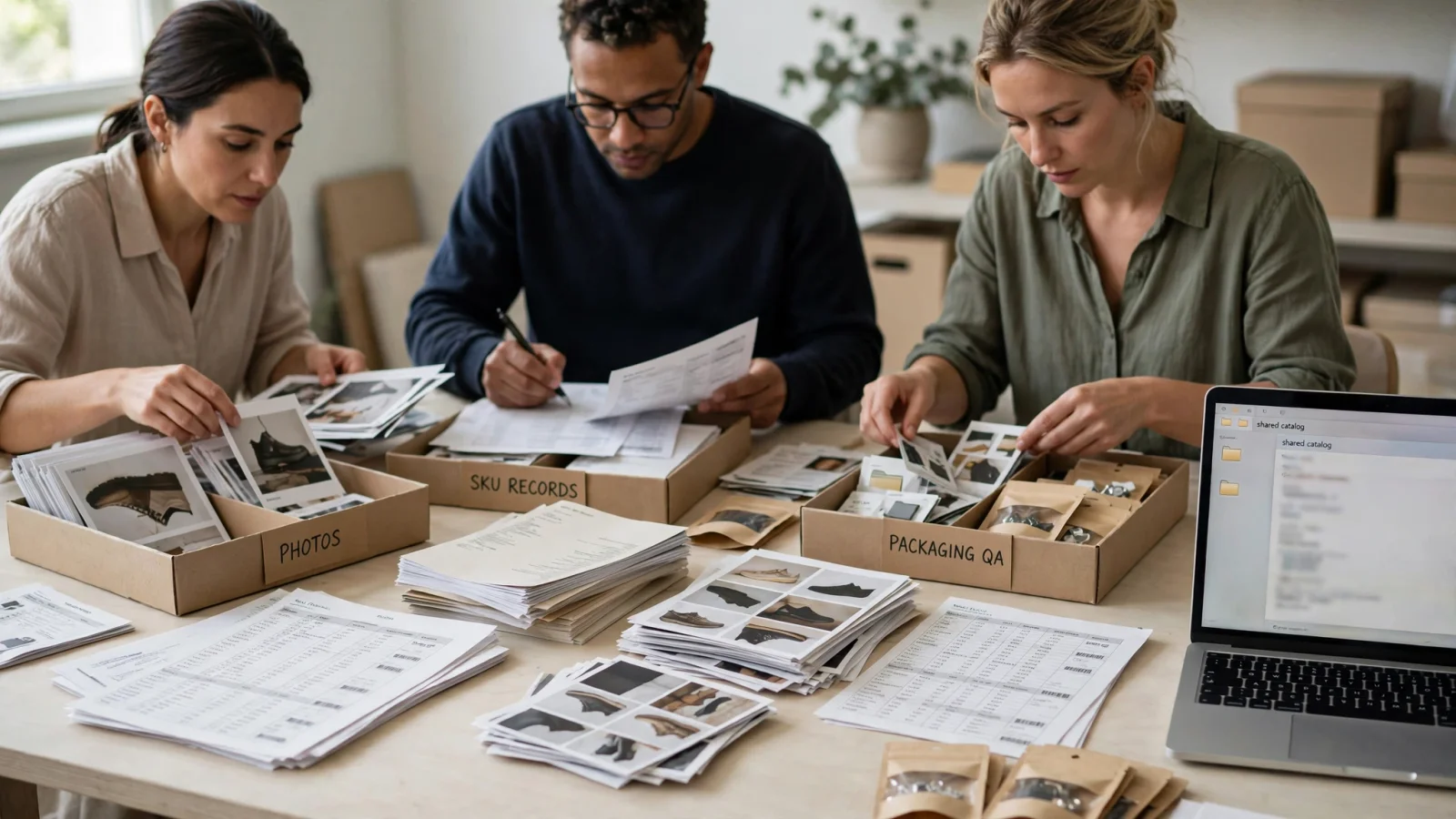 A product operations team gathers scattered spreadsheets, product photos, manuals, and SKU records into one shared catalog workspace, making the PIM-and-DAM problem immediately visible.