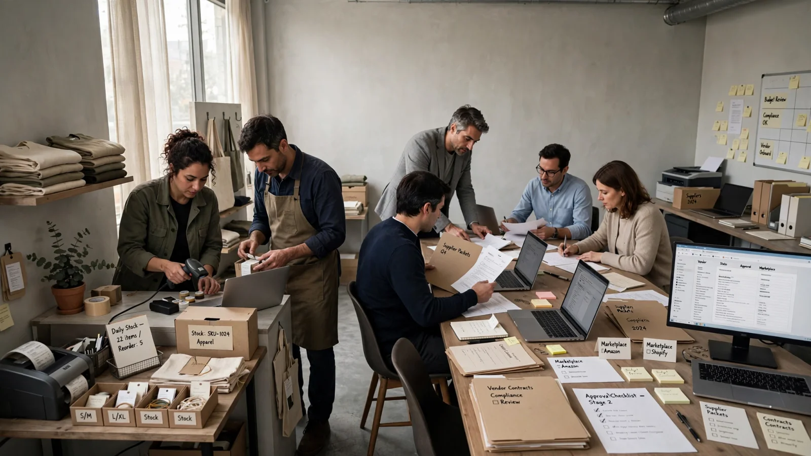 A split-scene shows one retailer quickly connecting a core storefront stack while another enterprise team manages a larger web of marketplaces, suppliers, and approval gates, illustrating the PIMinto–Akeneo trade-off.