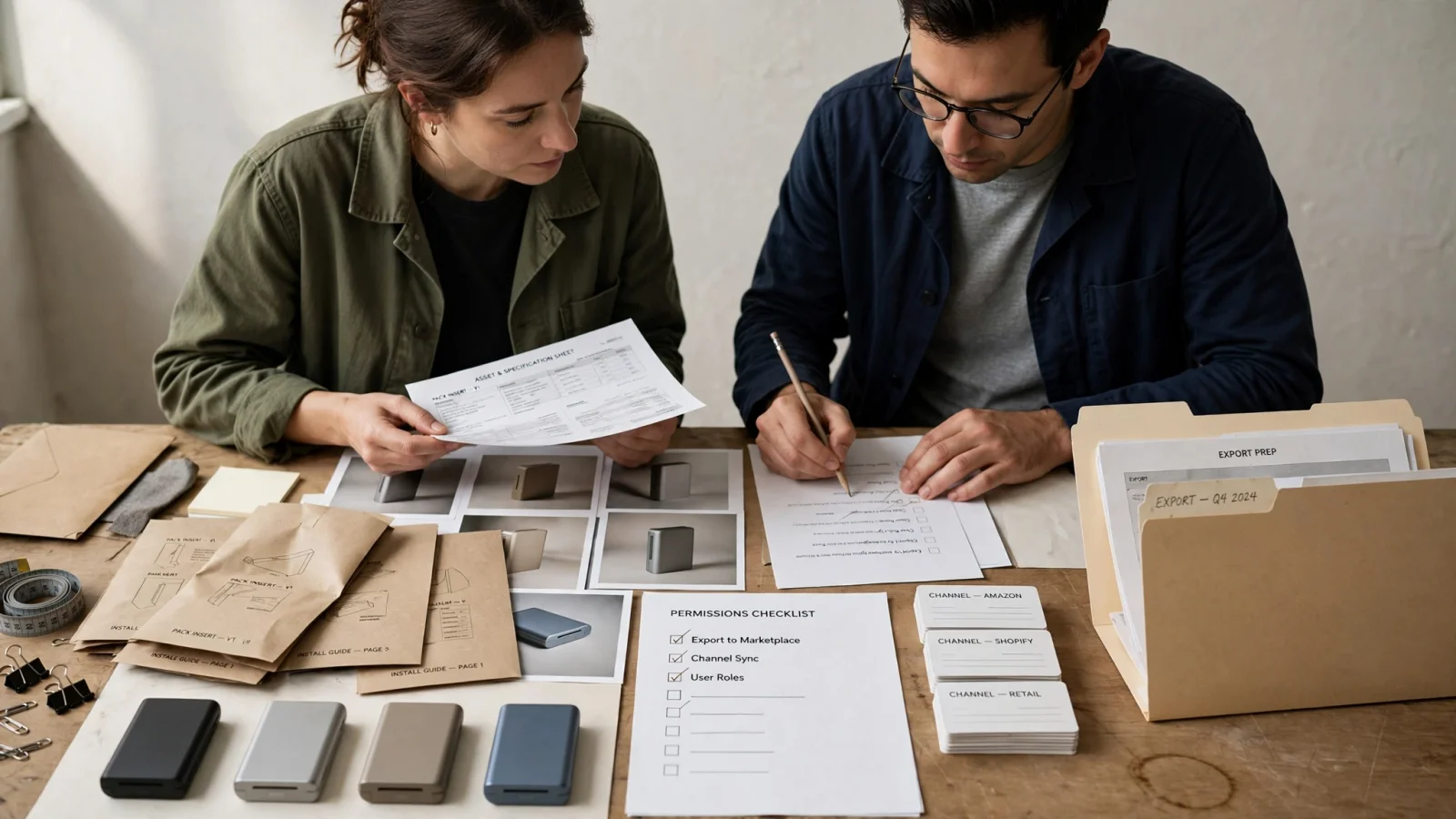 A buyer and vendor run a representative product-family test at a workstation, checking variants, permissions, assets, channel publishing, errors, and export portability without relying on readable interface text.