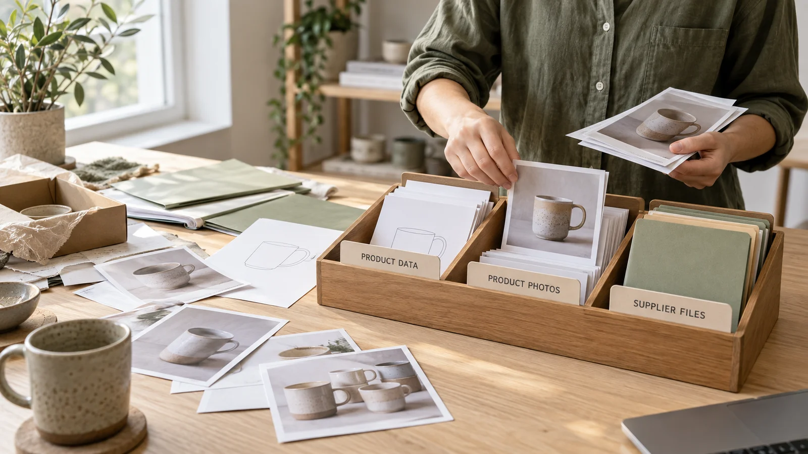 Product data, product photos and supplier files organized in a wooden tray.