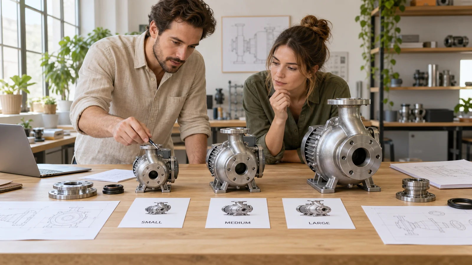 Product specialists compare small, medium and large pump variants with matching product photos.