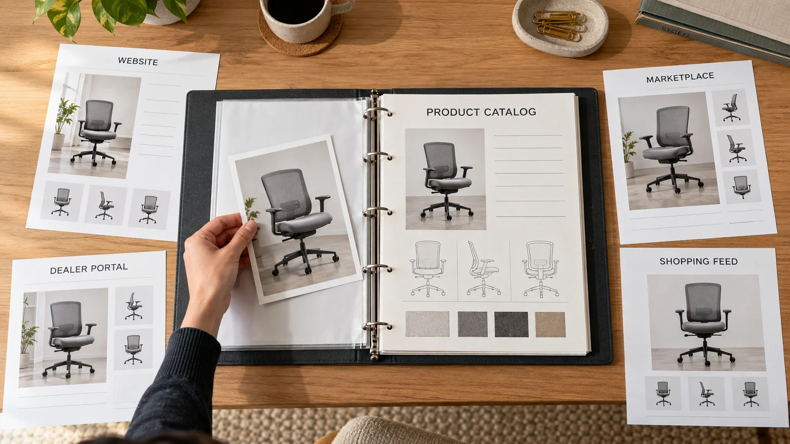 One product catalog supplies consistent product information to a website, marketplace, dealer portal and shopping feed.