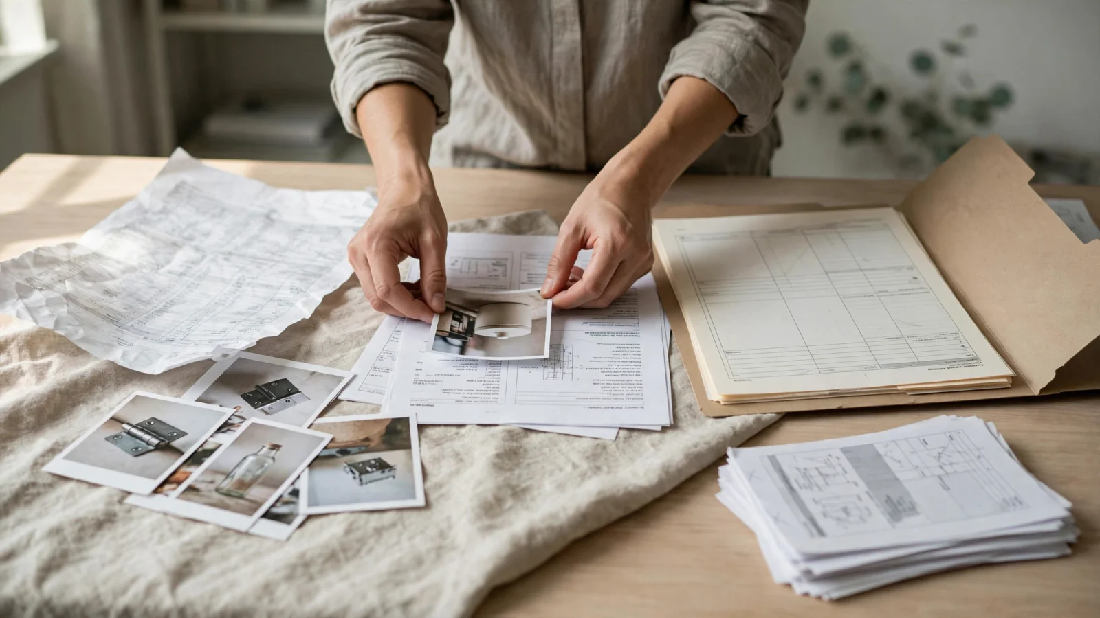 A catalog manager sorts a messy supplier spreadsheet, scattered product images, and technical PDFs into one clean product record, with no text in the image.
