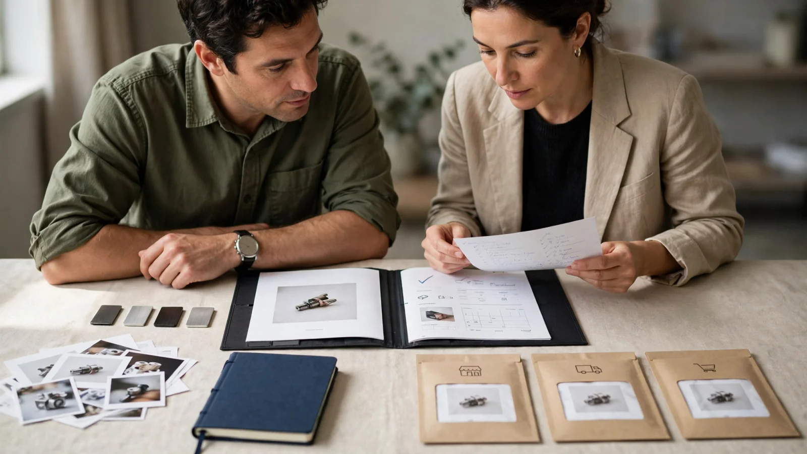 A manufacturer and channel manager review a shared catalog while variant records, manuals, product images, and a dealer portal appear together in the workspace, with no text in the image.