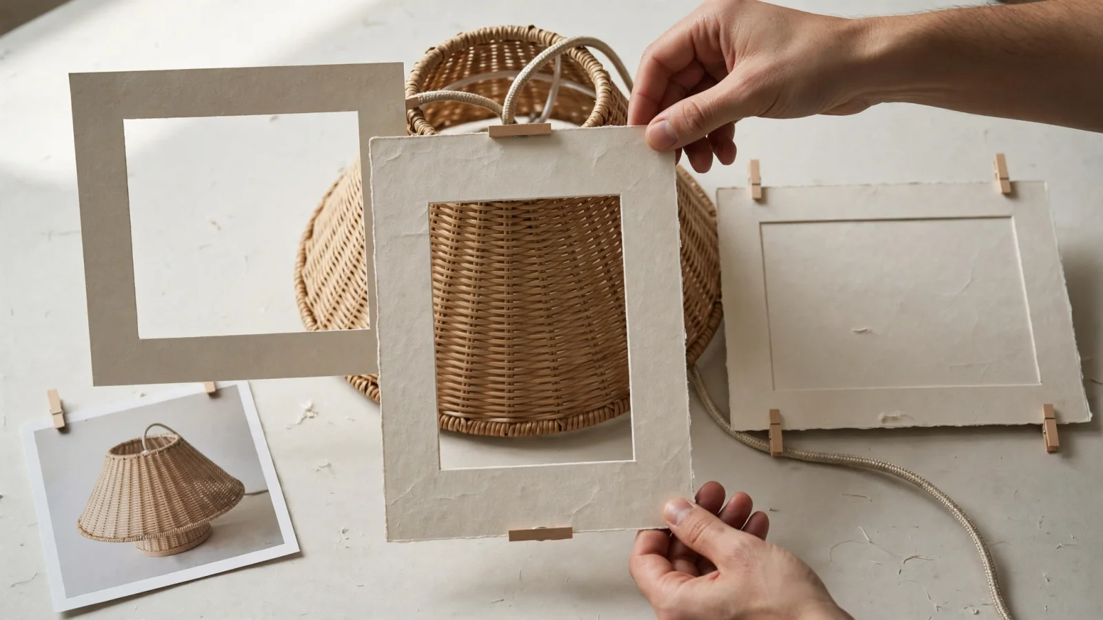 At the crop-and-focal-point section, show an editor protecting the important features of an irregular product while square, portrait, and landscape frames adapt around the same focal area; no text.