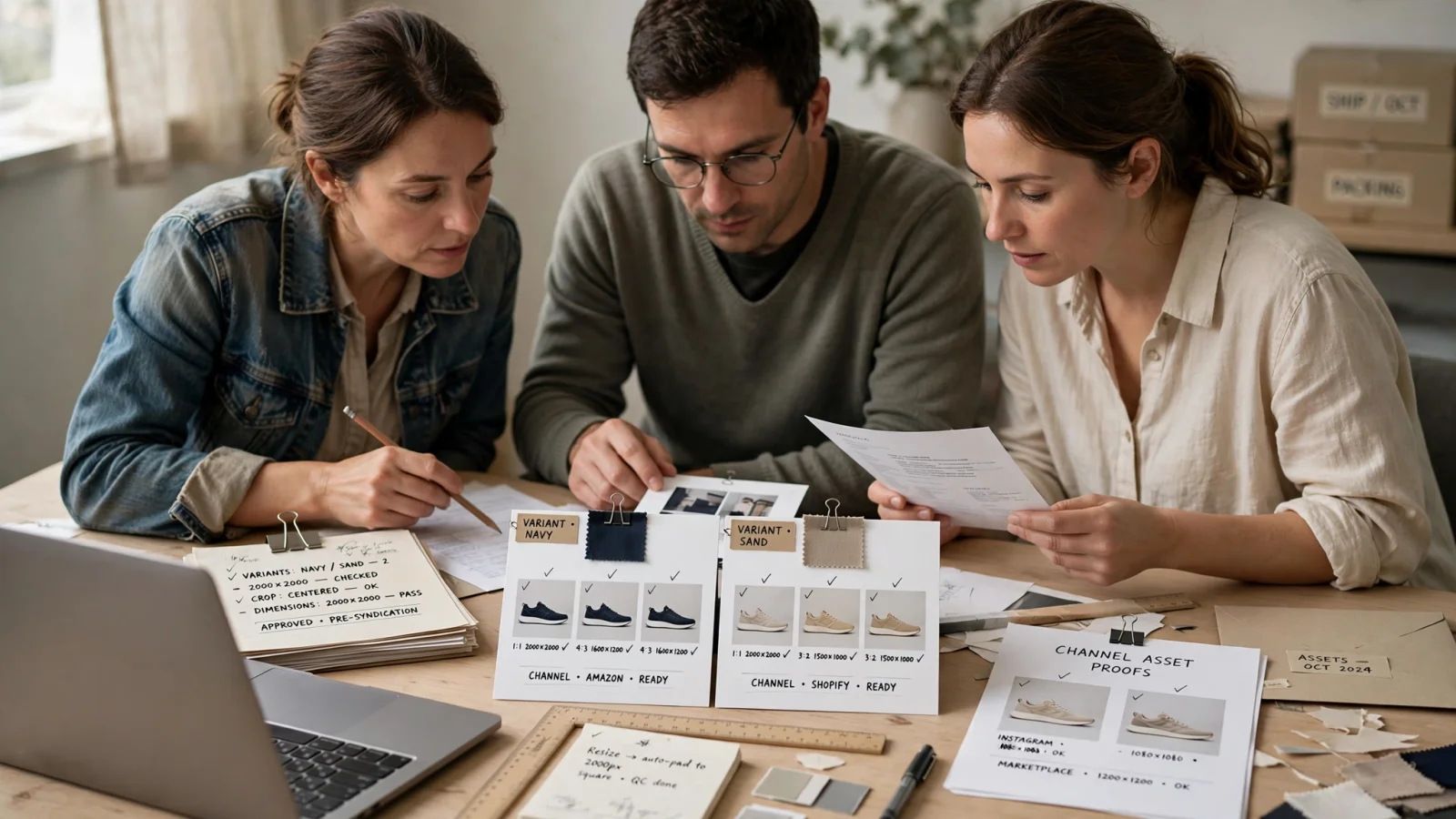 At the PIM/DAM section, show an ecommerce operations team reviewing linked product, variant, approval, and channel-asset records in a central workspace before syndication; no text.