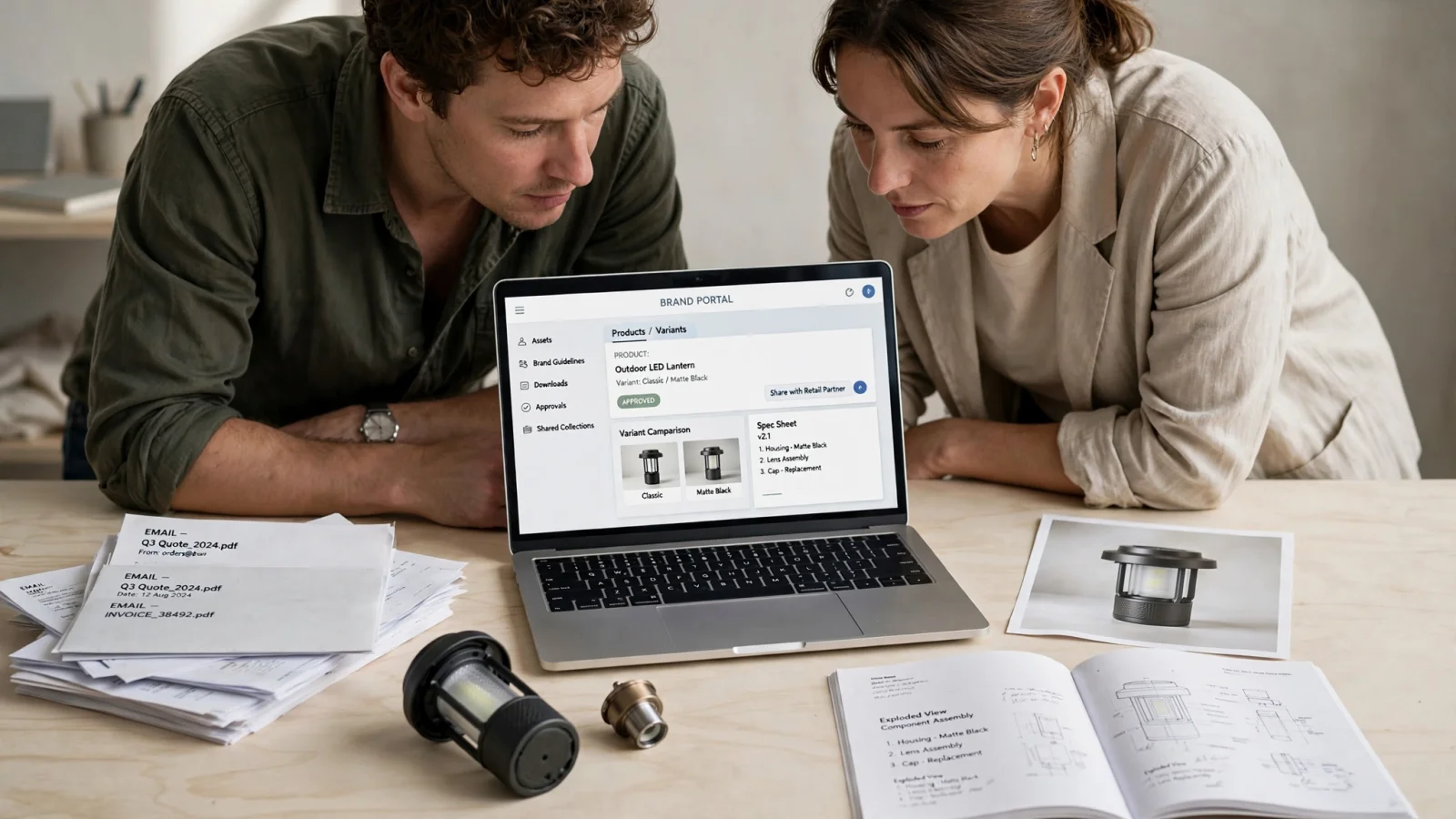 Opening scene: a manufacturer and retail partner inspect one product, its variant, image, and manual in a searchable portal while outdated emailed PDFs sit unused; no text.