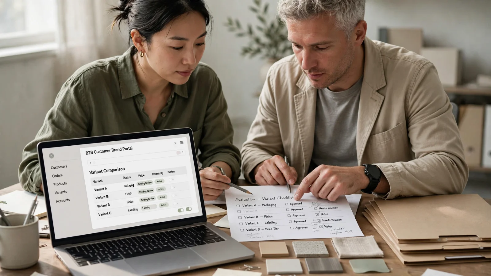 Decision-stage scene: an e-commerce manager and product lead review a portal on a laptop alongside a simple evaluation worksheet covering access, data quality, integrations, and cost; no readable text.