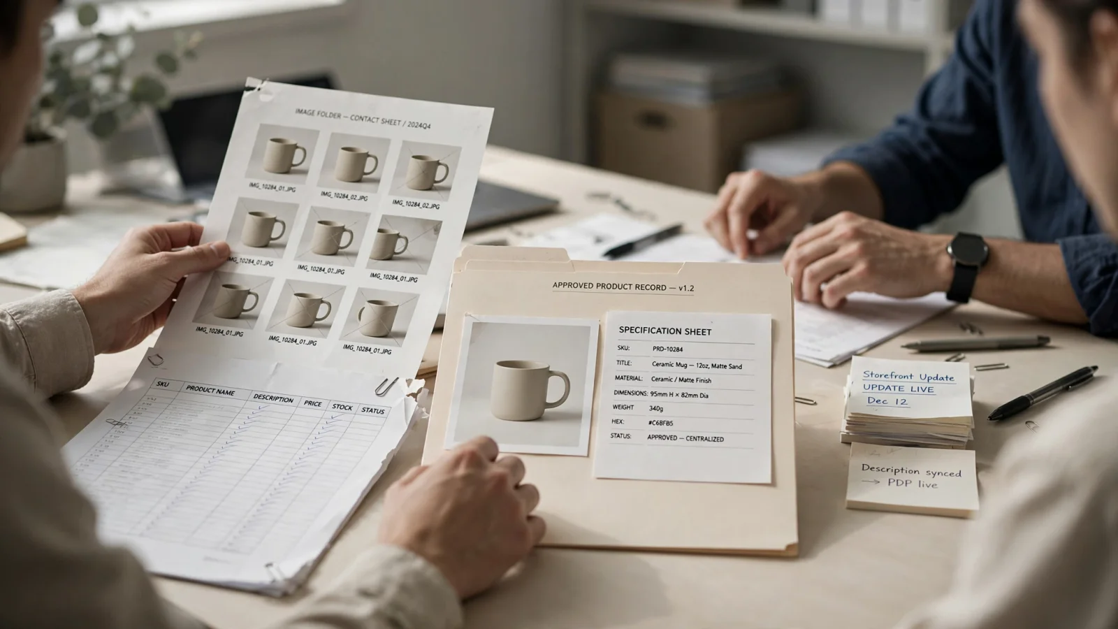 A product manager reviews AI-suggested description copy against technical specifications and checks a variant image’s approval status before publishing; request no readable text.