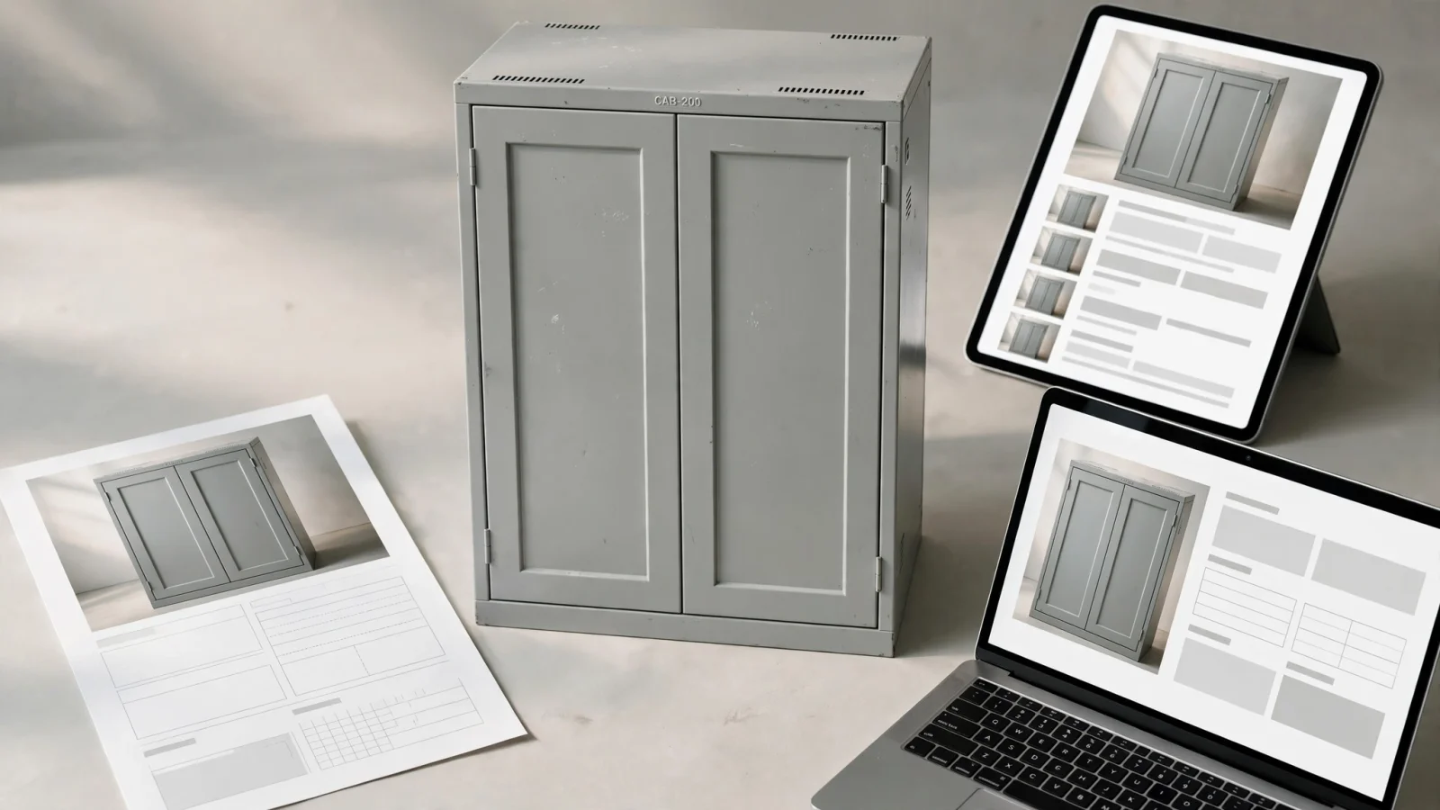 A merchandising team untangling a spreadsheet, a shared image folder, and storefront updates before one approved SKU record connects the product copy with its assets; request no readable text.