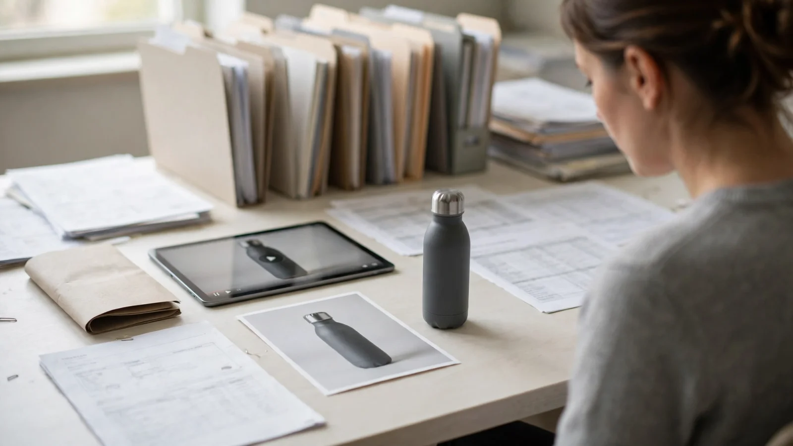 Opening illustration: an e-commerce manager views one product record beside its approved photo, video, manual, and specification sheet while scattered spreadsheets and folders recede in the background; no text.