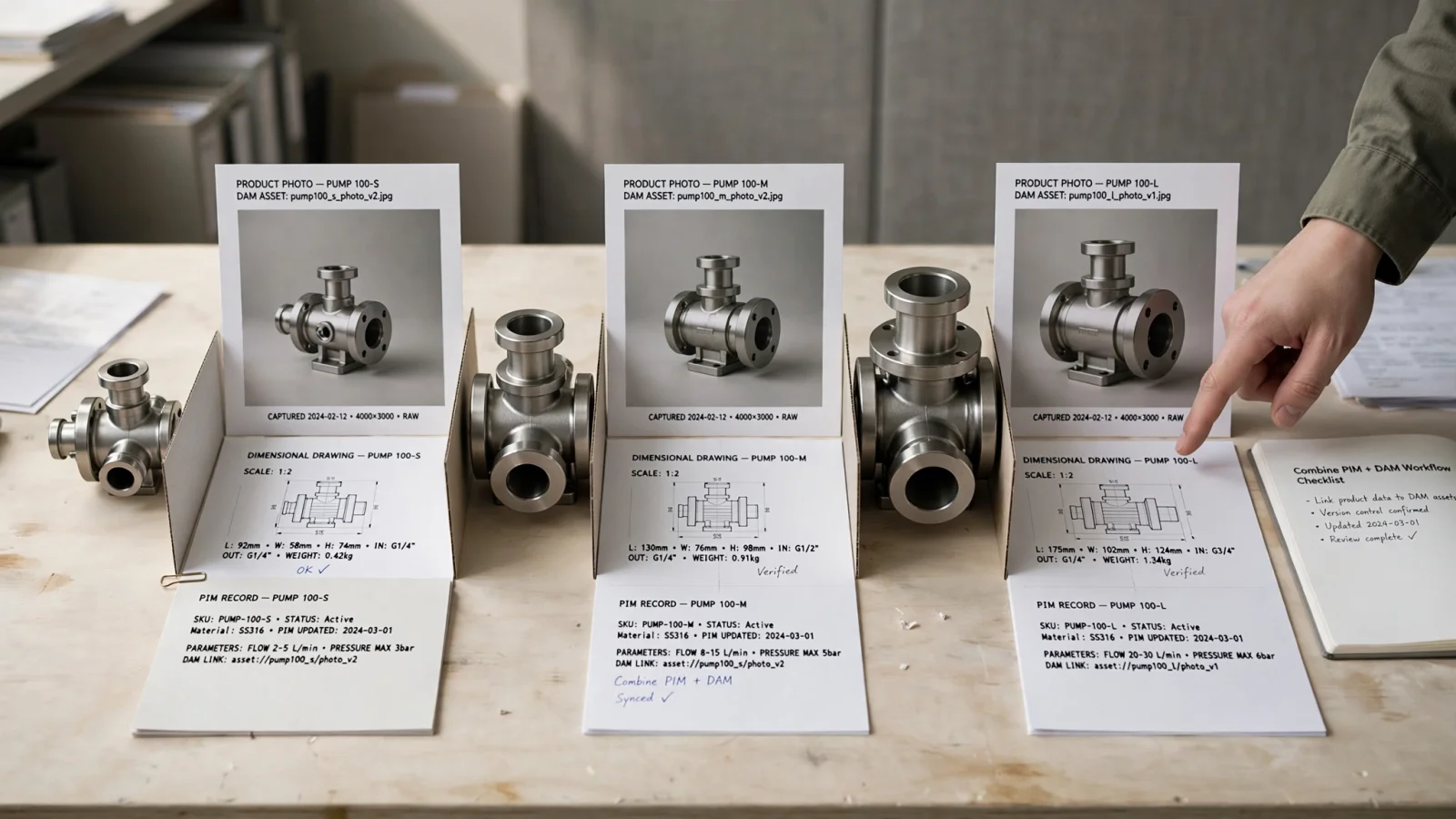 Variant example illustration: three pump sizes sit beside their distinct images, dimensions, and technical documents, with every asset visibly paired with the correct product; no text.