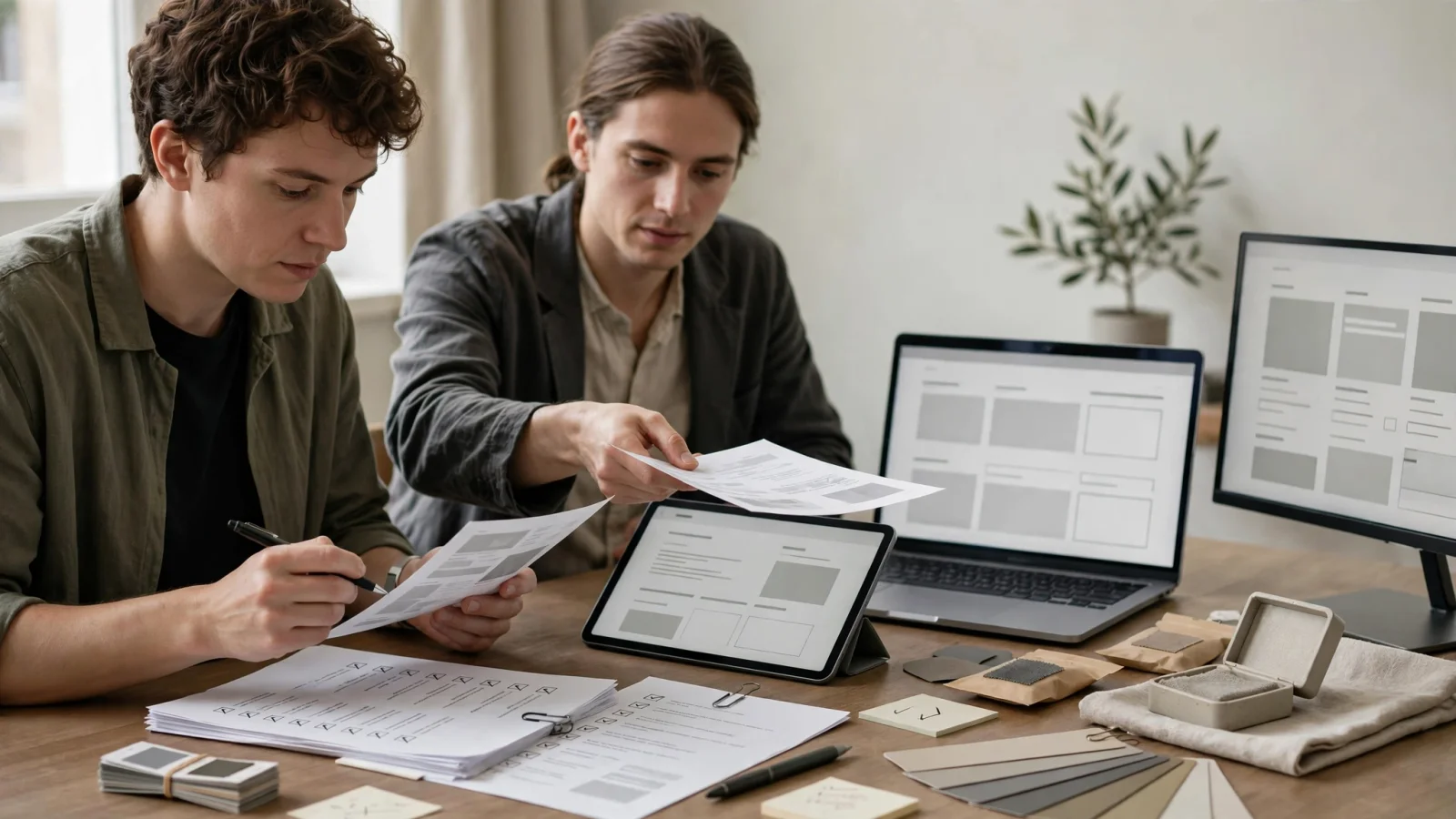 Workflow illustration: a small product team reviews a catalog before sending it to a storefront, marketplace, and dealer portal, emphasizing the human approval handoff; no text.