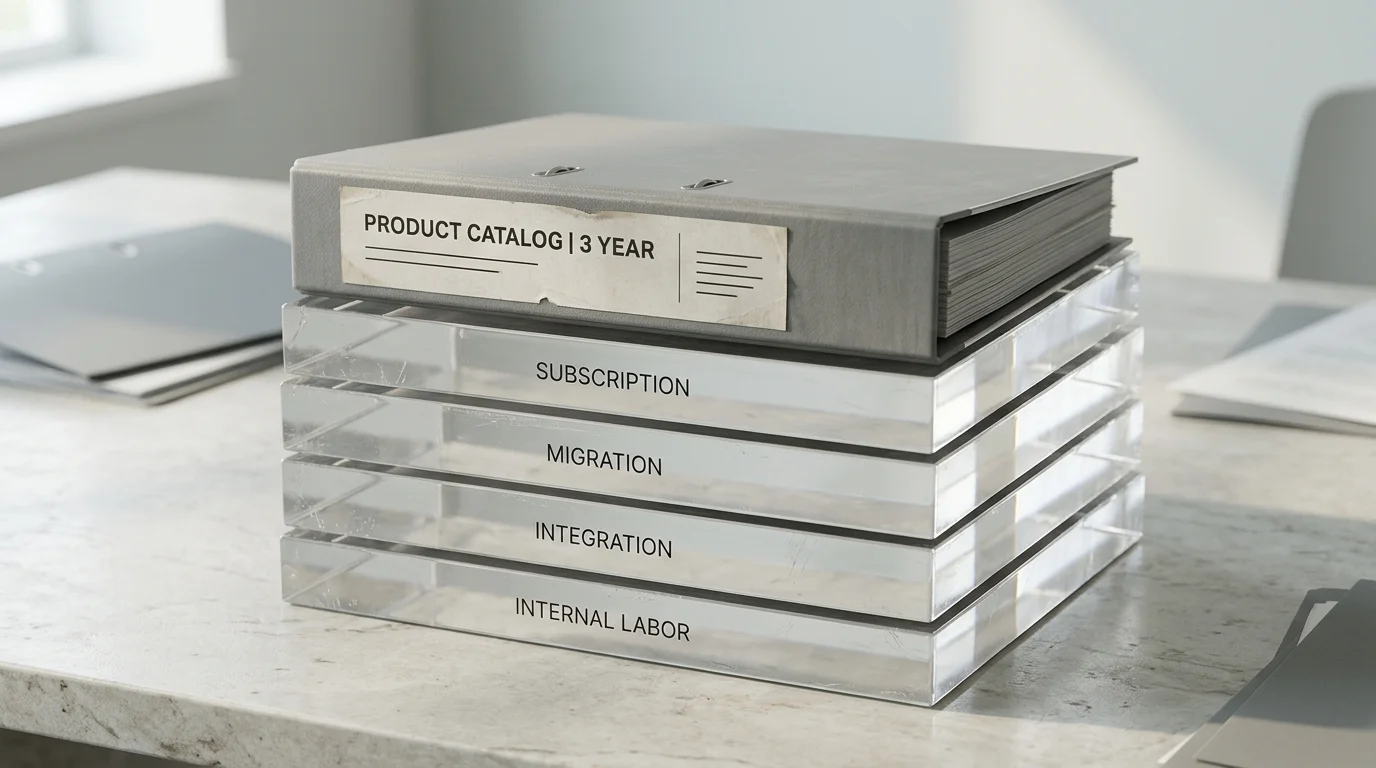 TCO section: A transparent stack of subscription, migration, integration, and internal-labor blocks supports a three-year product catalog, showing the license as only one cost layer.