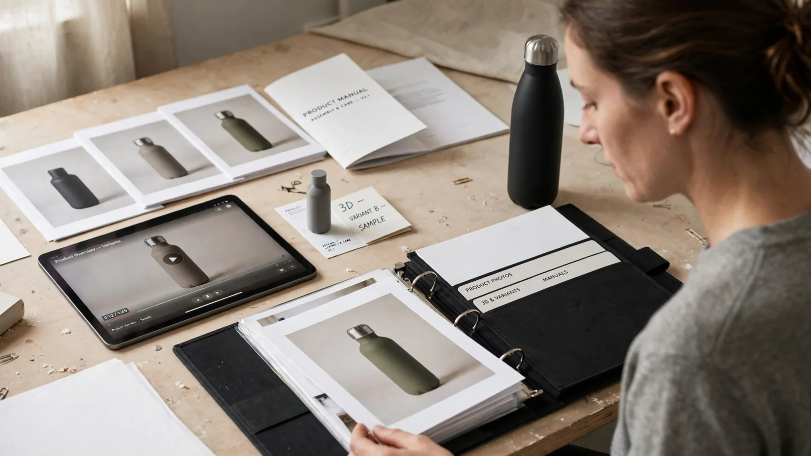 Opening illustration: an e-commerce manager gathers scattered product photos, manuals, videos, and 3D files into a governed catalog connected to product variants.