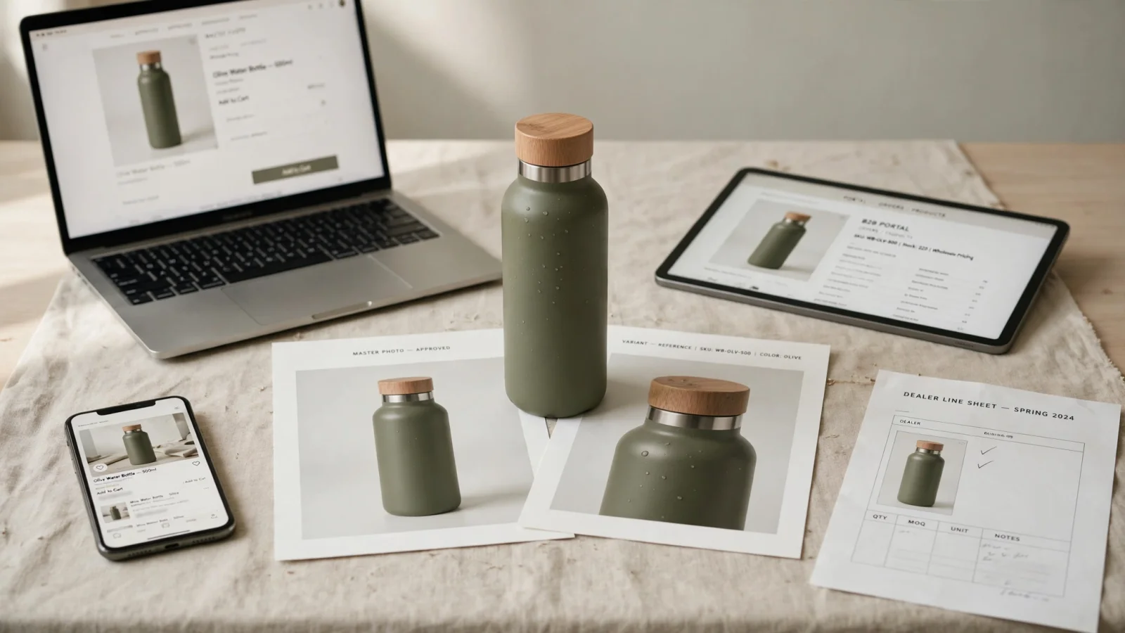 Channel illustration: one approved product variant branches into a storefront, shopping feed, B2B portal, and dealer product sheet, with each destination receiving a distinct crop or file type.