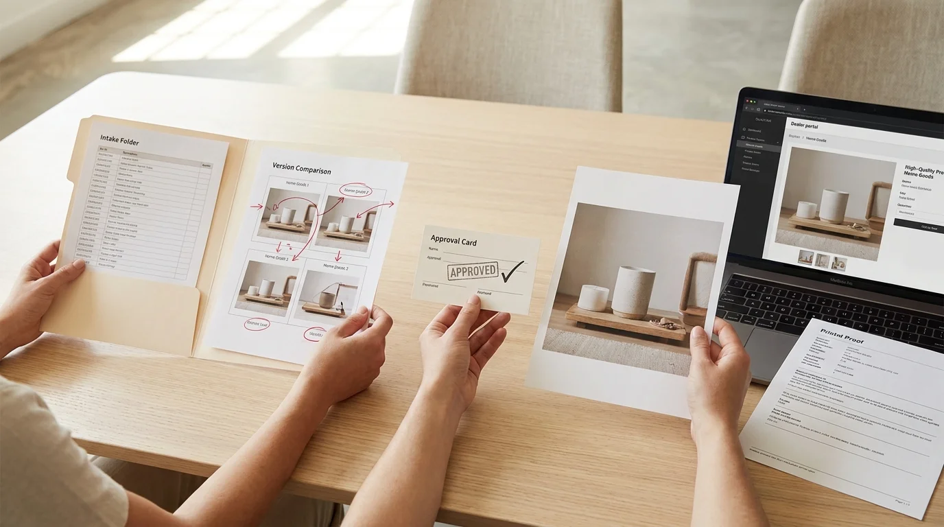 Workflow illustration: a retail and product team reviews asset versions and approval states while a new product moves from intake to live channels and an approved file reaches a dealer portal.