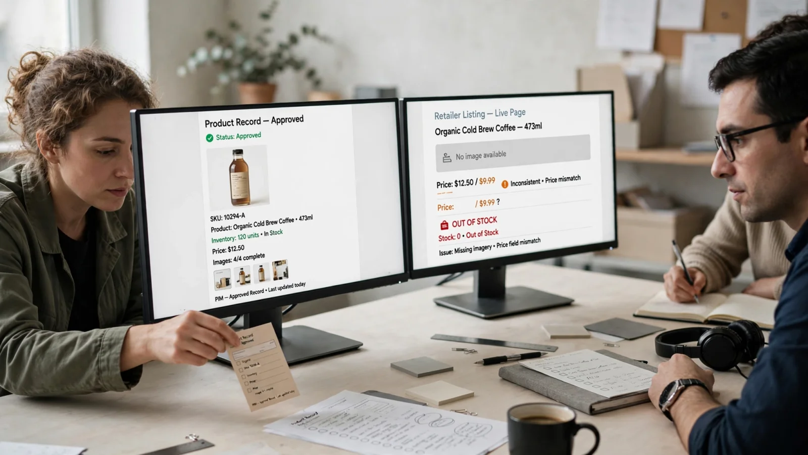A wide editorial scene shows an ecommerce operations team comparing a clean approved product record with a retailer page showing a missing image, incorrect price, and out-of-stock badge, with no readable text.