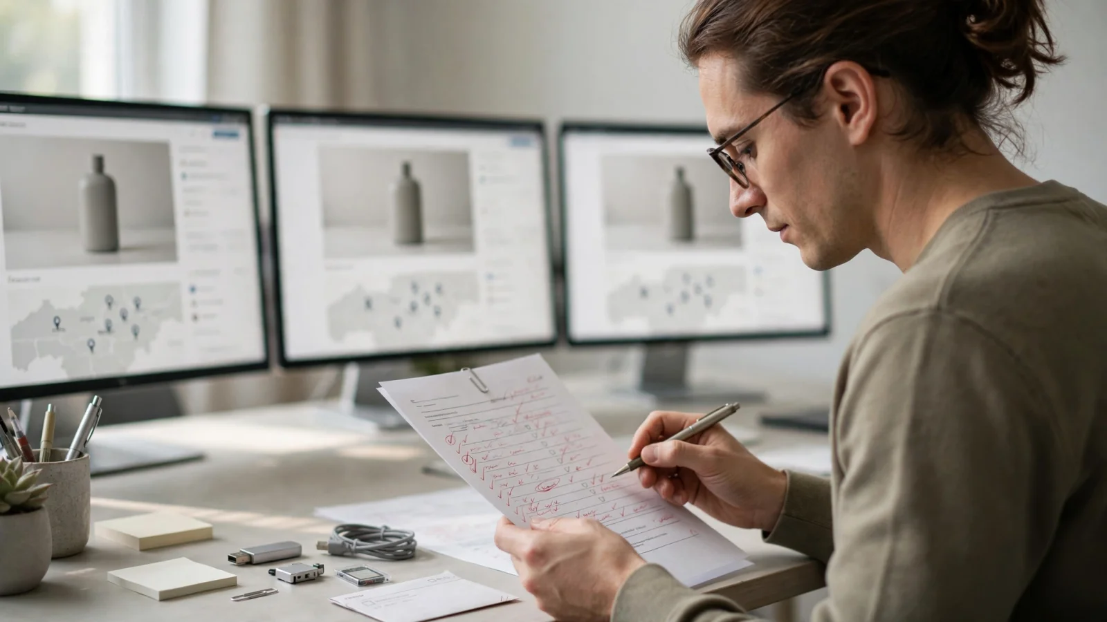 A product manager reviews a corrected product record and linked technical assets as consistent listings appear across a marketplace, retailer site, and dealer portal, with no readable text.