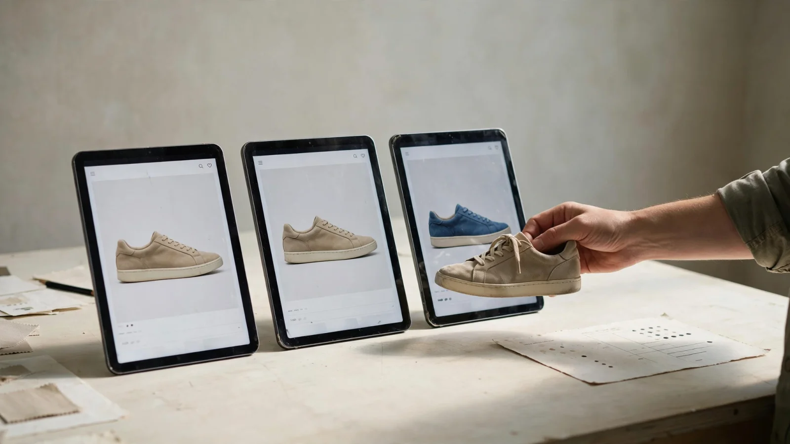 An e-commerce catalog manager compares a product sample with several storefront screens and spots a color mismatch, making cross-channel inconsistency tangible; no readable text.