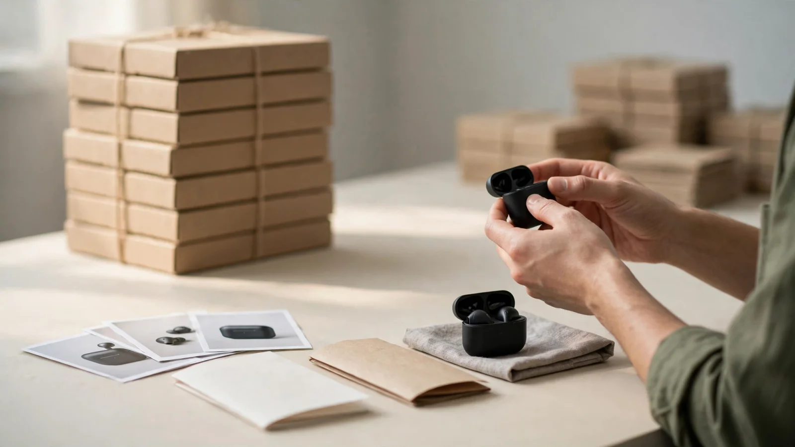 A manufacturer’s product manager prepares approved product photography, a specification sheet, and a manual for a distributor, illustrating the handoff of current catalog assets; no readable text.