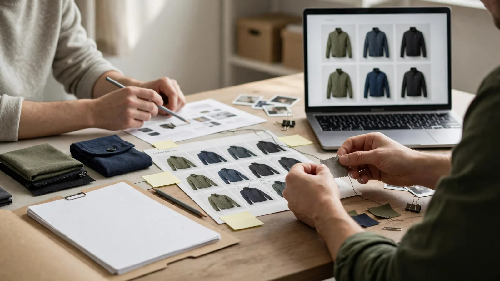 A catalog manager and commerce editor examine a configurable product family, linked images and documents, and storefront previews at one worktable, making catalog complexity tangible; no text.