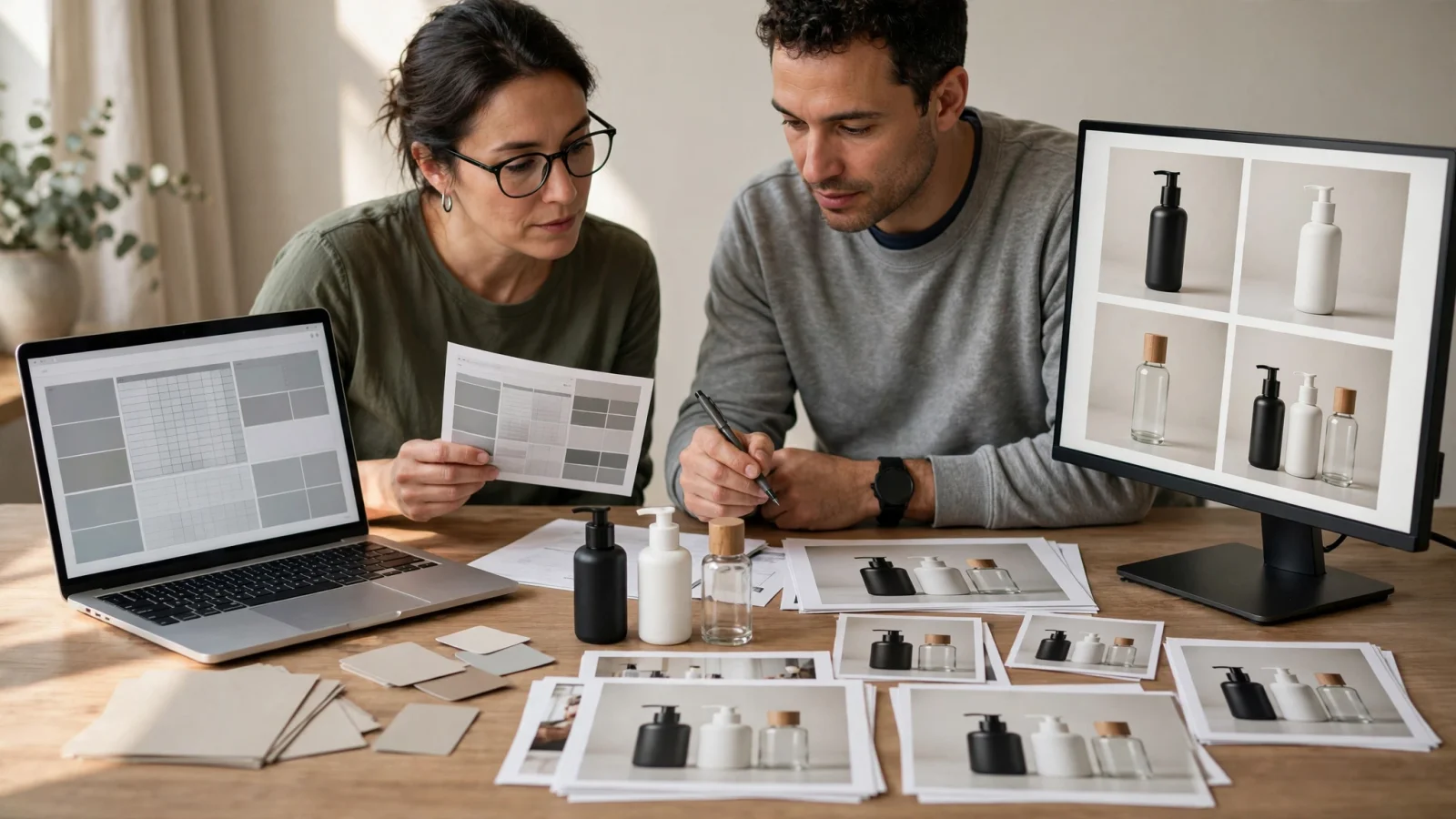 A cross-functional team tests one complex product family, following its variants and assets from an incoming data file through review to storefront and retailer previews; no text.