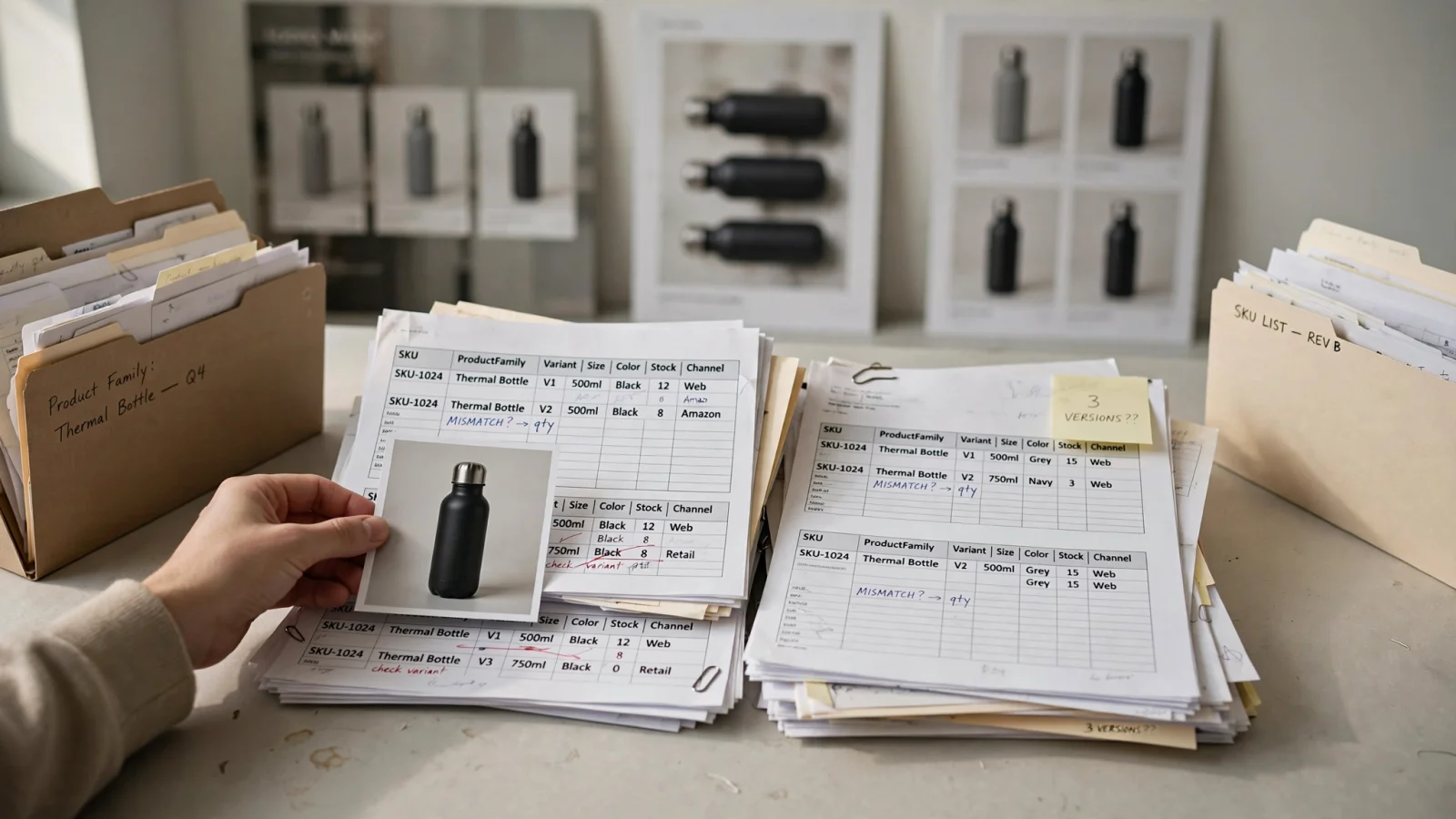 An e-commerce catalog manager compares several conflicting spreadsheets while the same product family appears across multiple storefronts, with no text in the scene.
