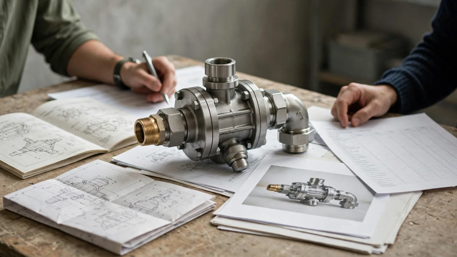A B2B product team reviews an industrial pump variant beside its approved technical data sheet, CAD drawing, product image, and channel listing, with no text.
