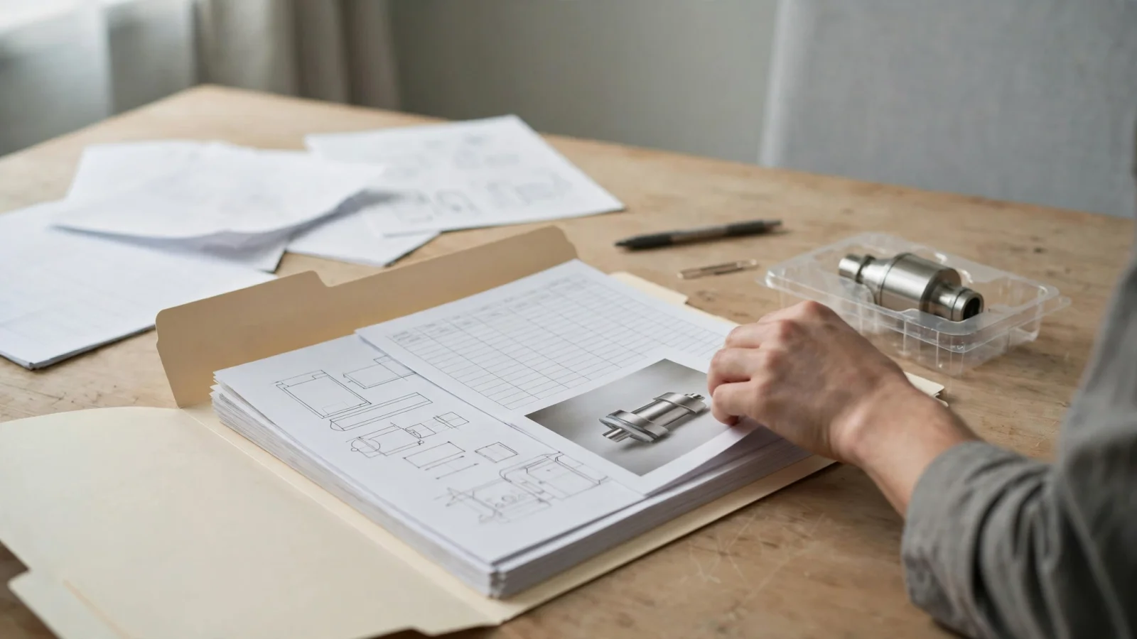 Opening illustration: A catalog manager in a medical-device office gathers a spreadsheet, technical PDF, product photograph, and ERP export into one organized product record, with no text in the image.
