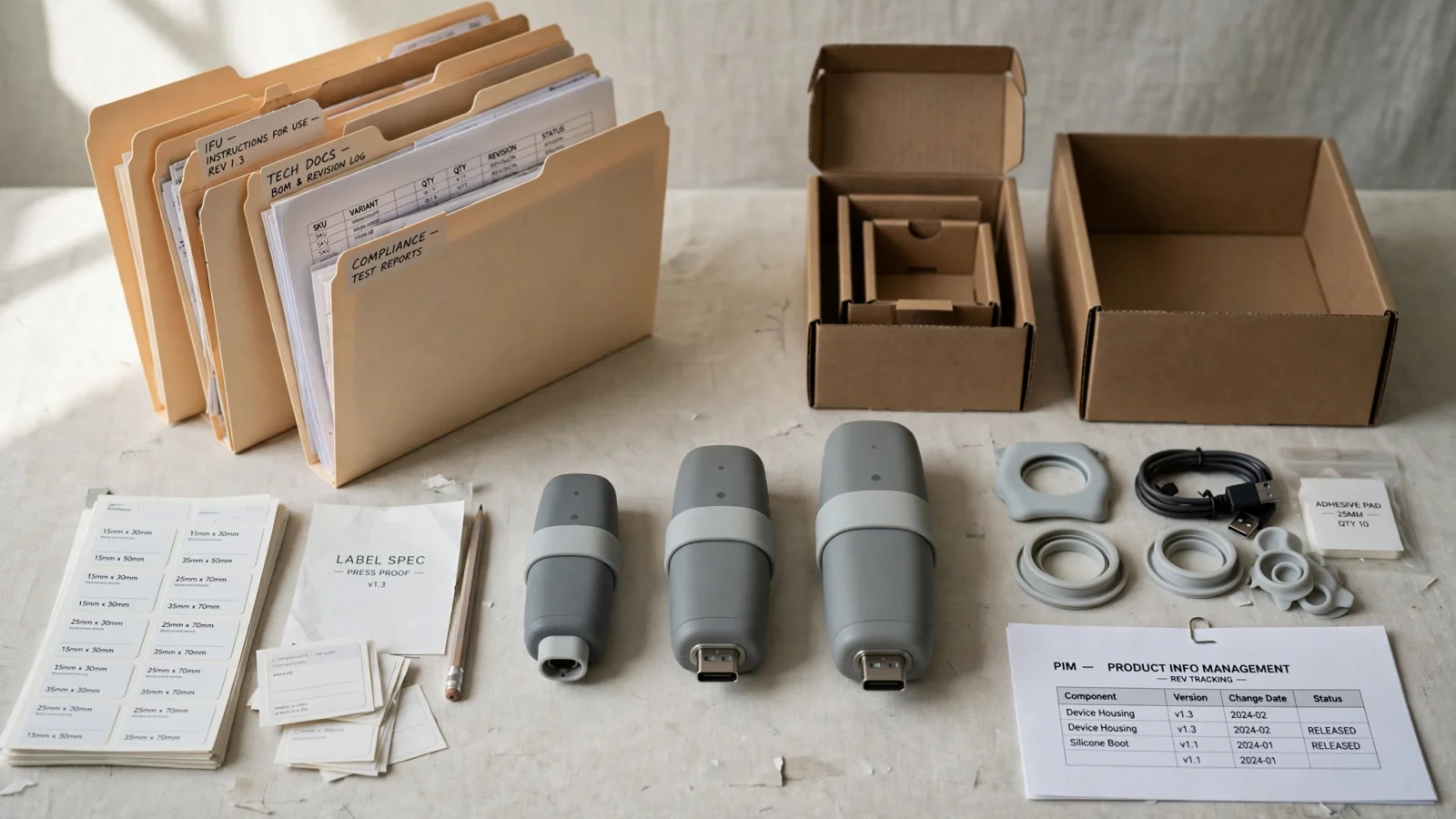 Data-model illustration: A single medical device family appears at the center of a studio workspace with different sizes, package levels, accessories, labels, and technical documents arranged in clearly connected groups, with no text.