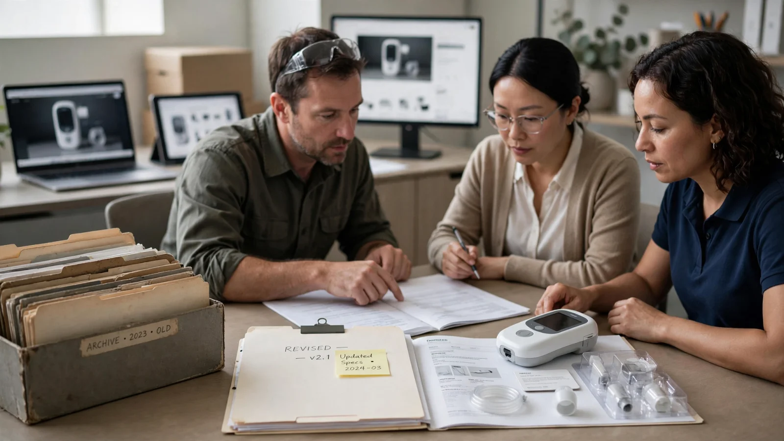 Workflow illustration: A manufacturer, quality reviewer, and e-commerce manager approve one product revision as the updated record flows toward a storefront, distributor portal, and marketplace while an older file set is set aside, with no text.