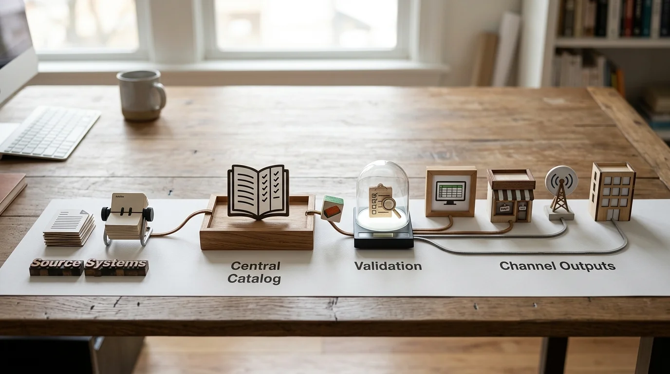 A clean editorial flow diagram traces one product record from "Source Systems" through "Central Catalog" and "Validation" to "Channel Outputs", using simple icons for a spreadsheet, storefront, feed, and partner portal.