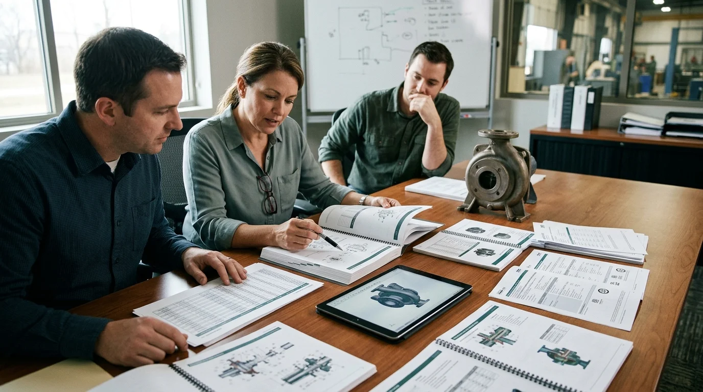 A realistic editorial scene shows a B2B manufacturer’s catalog team reviewing one industrial pump family with configuration variants, manuals, CAD files, and approved listings connected to the same SKU; no text.