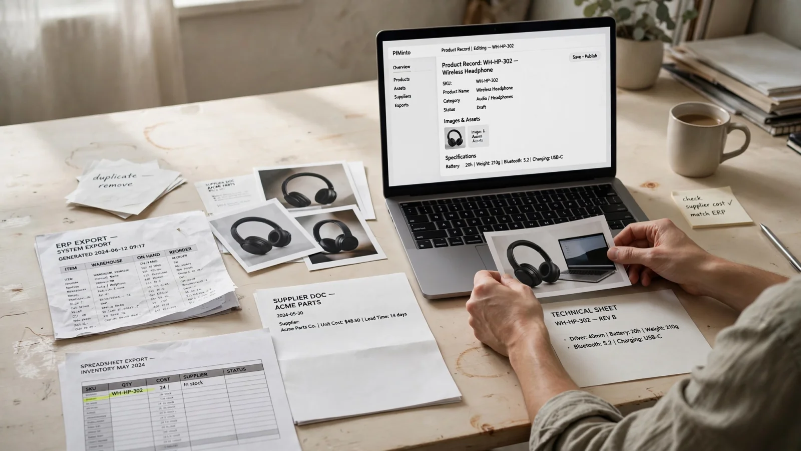 For the workflow section, show a catalog manager consolidating a messy spreadsheet, supplier files, ERP export, product photos, and technical documents into one organized product record.